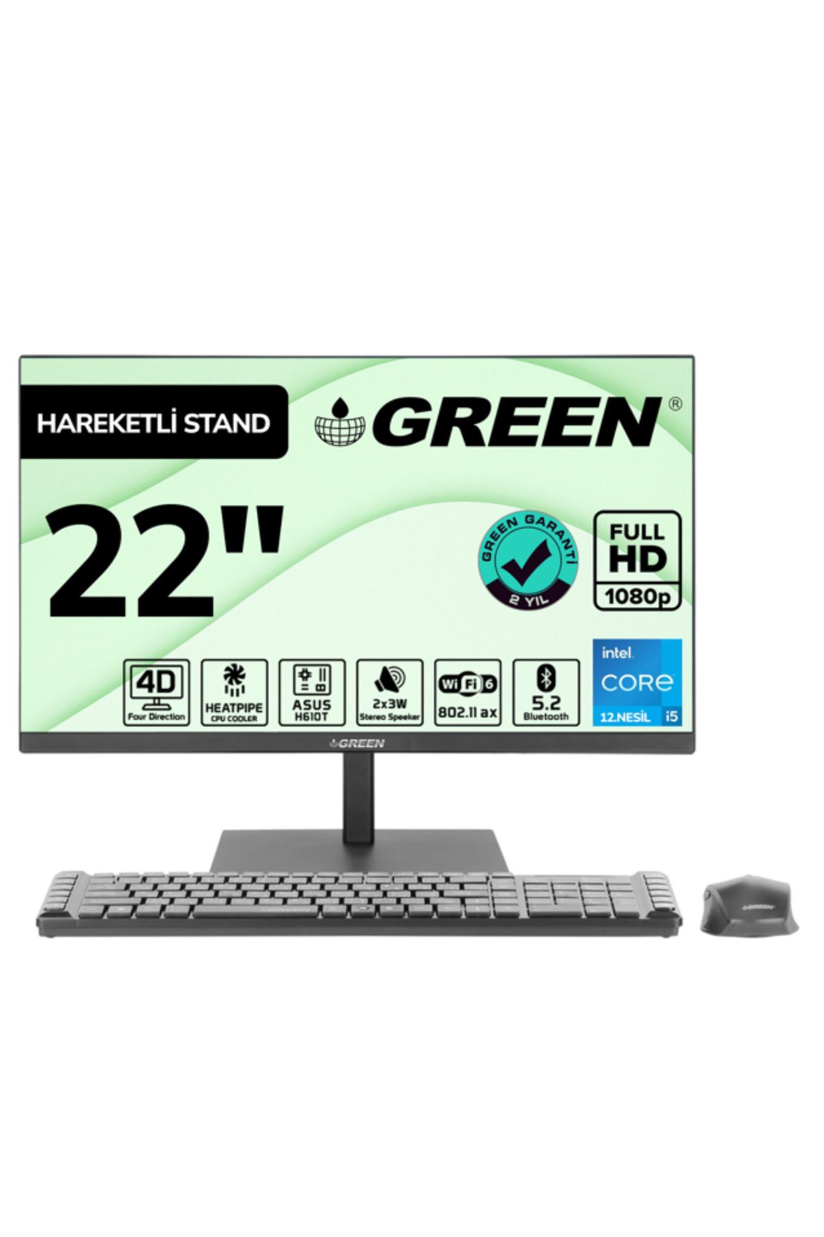 Green GX622 Intel I5 12400 8gb Ddr4 512GB M2 SSD 22" Fhd Freedos All In One Bilgisayar