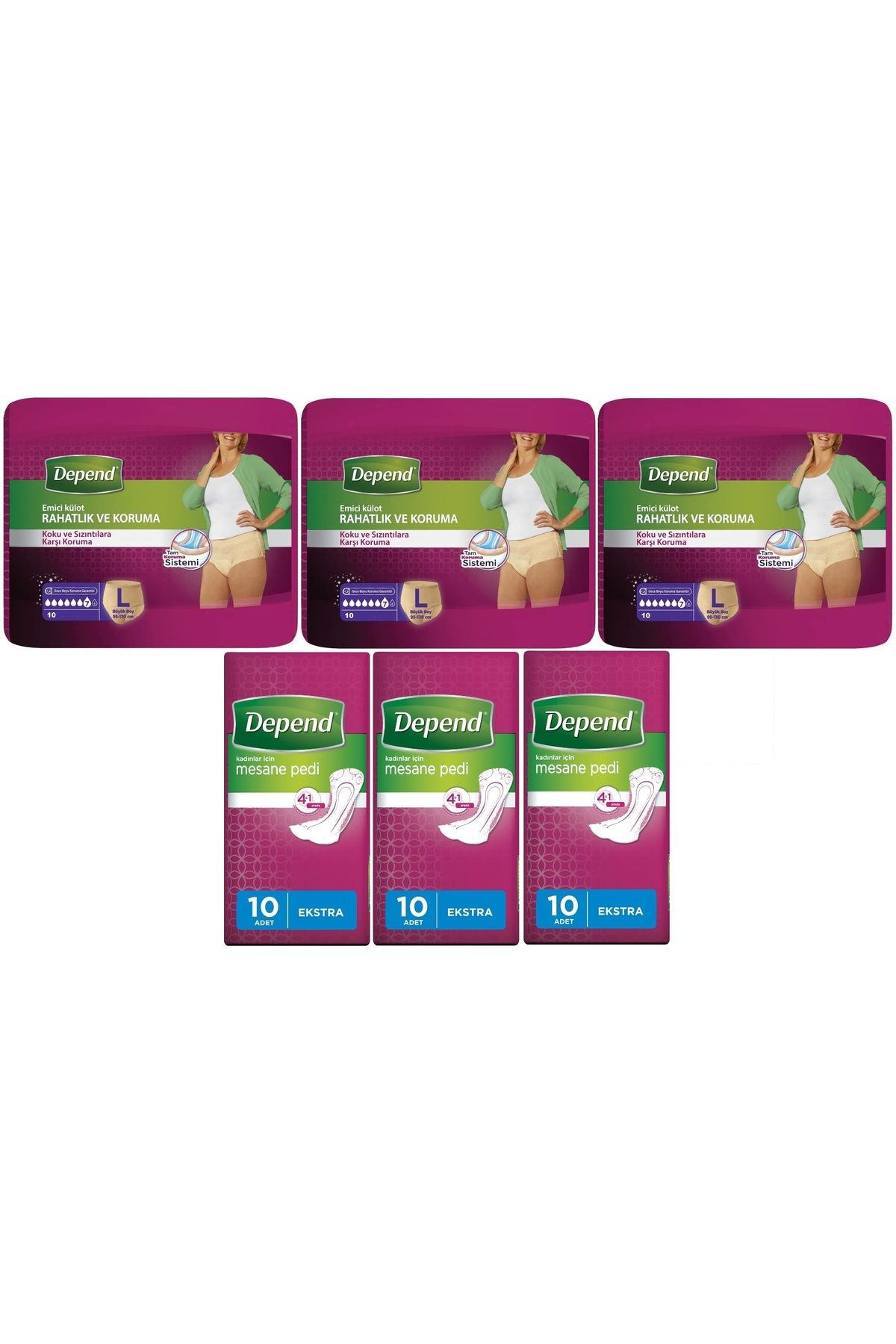 Depend Emici Külot Lohusa Pedi Large - Büyük Kadın (10 Lu)+Mesane Pedi Kadın Ekstra (10 Lu) 6 Lı Set