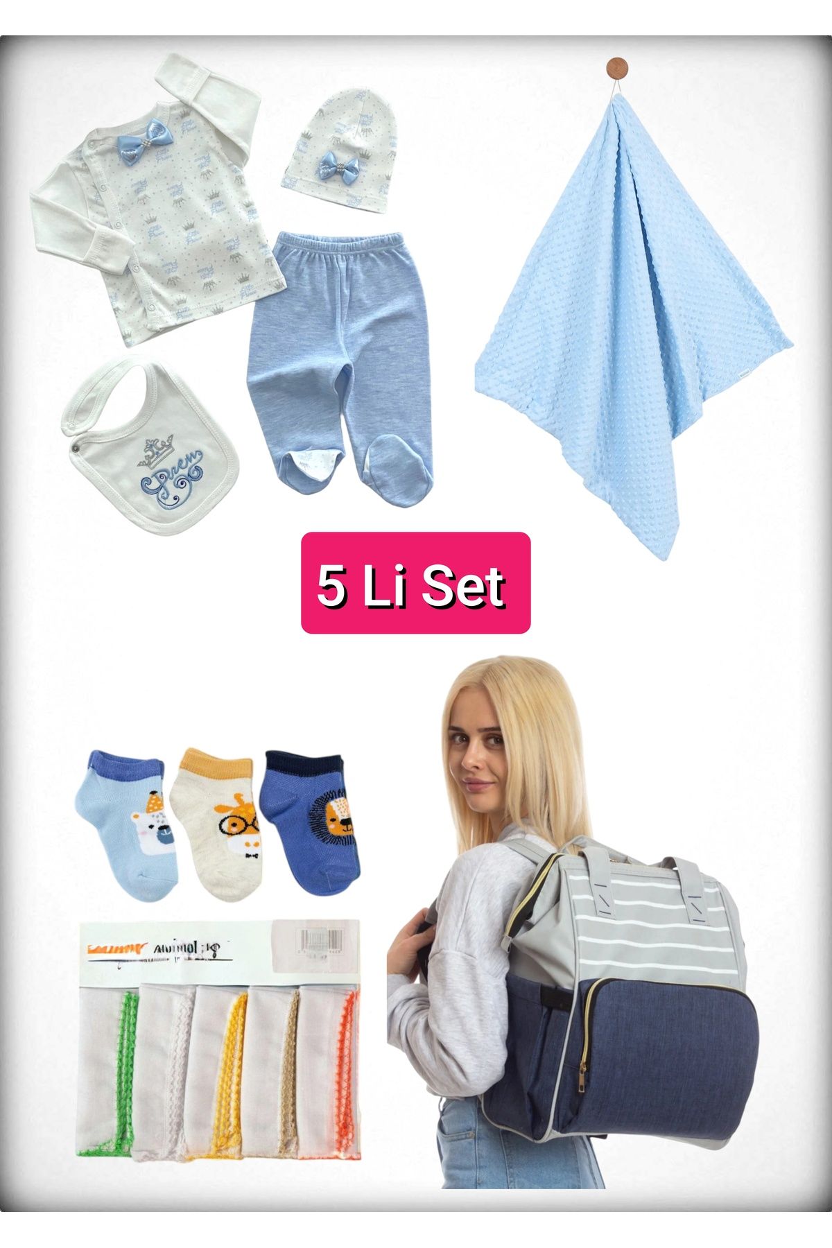 Avşar Baby 5 li Doğum Seti (Anne Bebek Çantası Hastane Çıkışı Battaniye 10 Lu Mendil Ve 3 Lü Çorap)