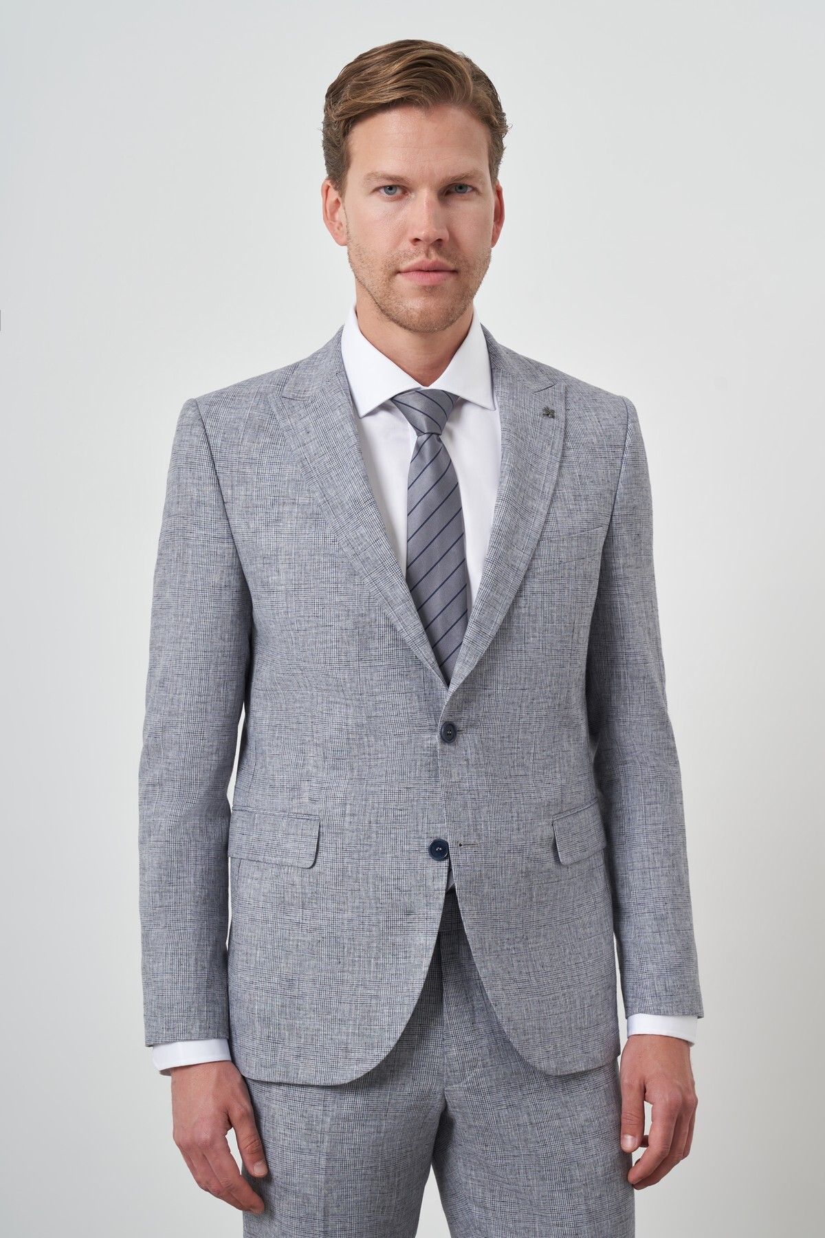 Morven Erkek Mavi Tend Keten Slim Fit Sivri Yaka Takım Elbise