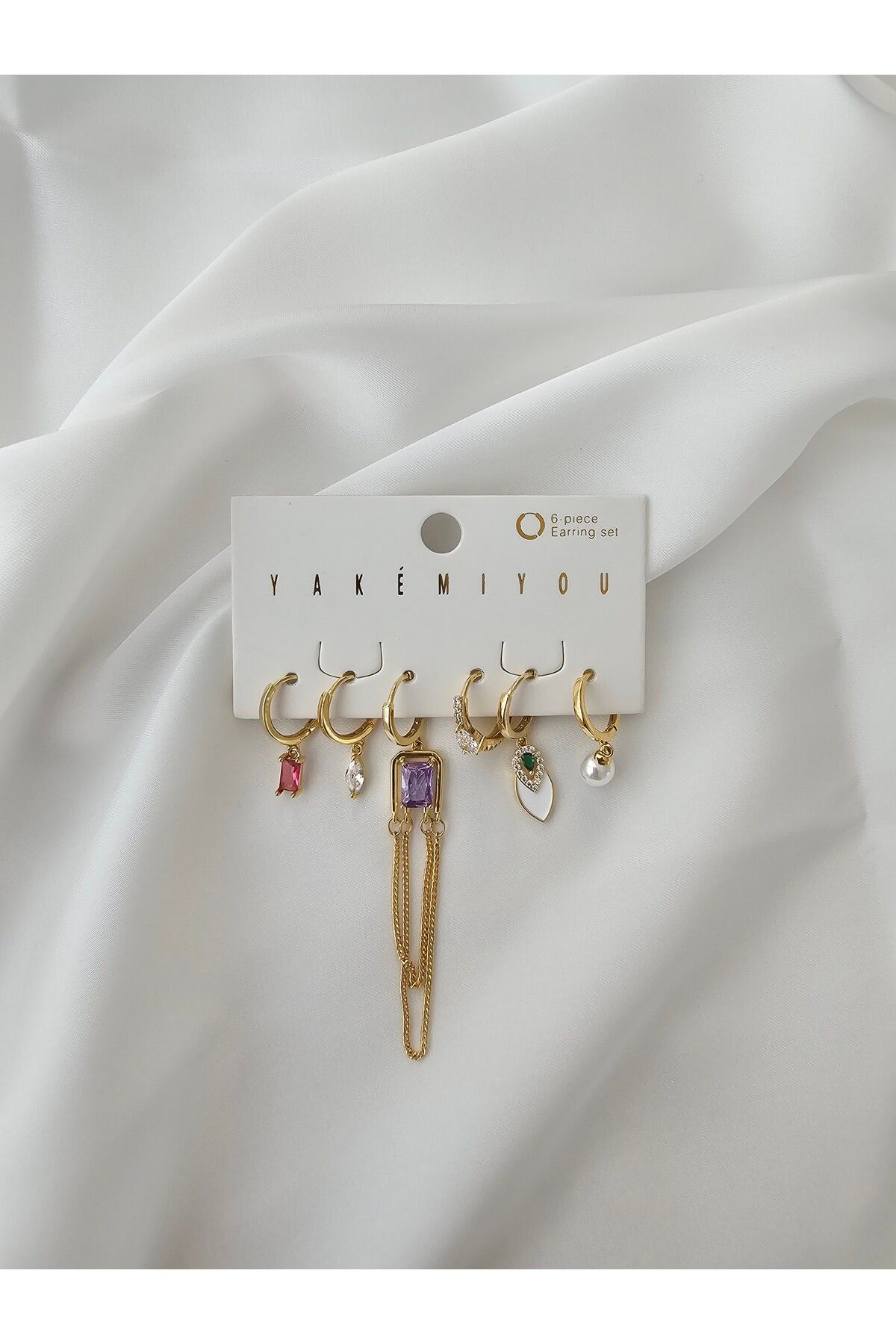 Zivazer Store kadın çelik kararmaz 6lı taşlı gold renkli minik halkalı küpe