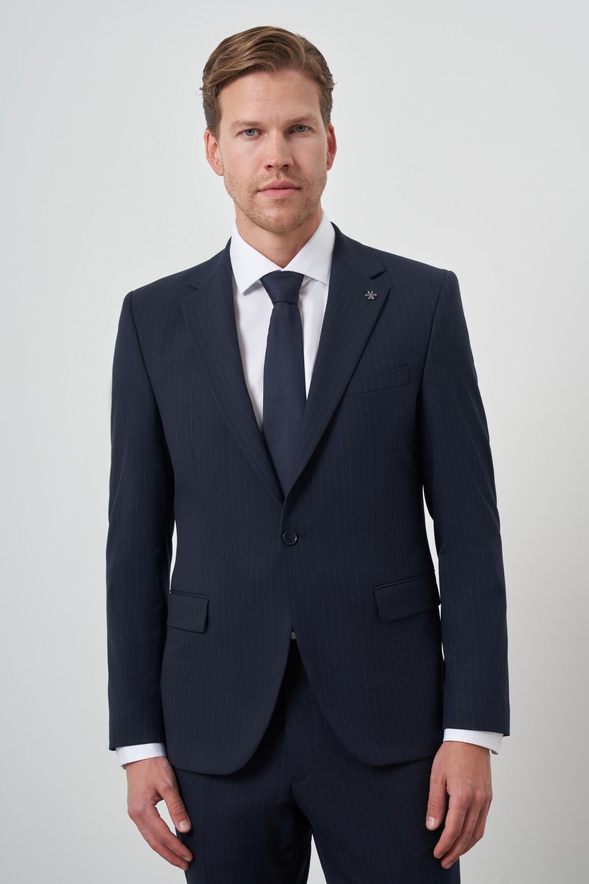 Morven Erkek Lacivert Poliviskon Çizgili Slim Fit Mono Yaka Takım Elbise