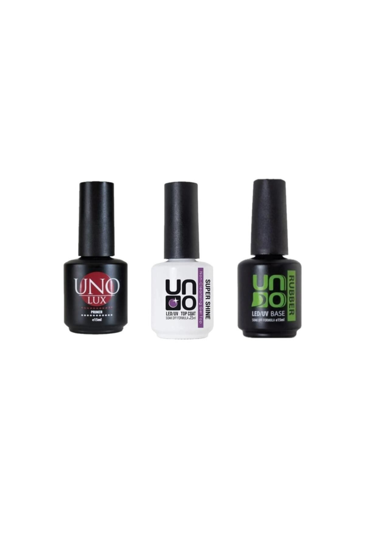 QNAİL PROFESSİONAL Uno rubber base coat 15 ml+Uno Super shine 15 ml+UNO Lux Primer 15 Ml