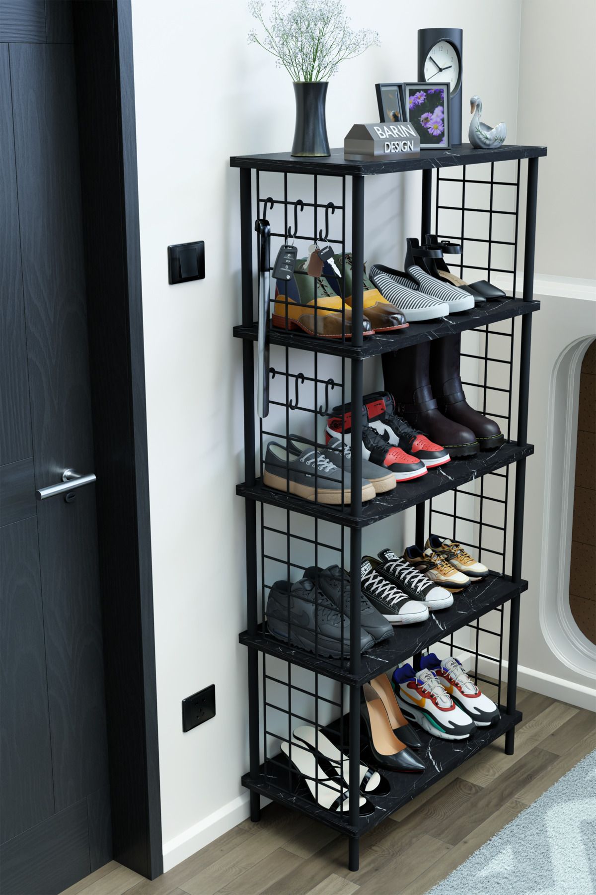 BARIN DESIGN 5 Raflı Telli Çevir Kur Çok Amaçlı Ayakkabılık ve Düzenleyici Raf Ünitesi Antre, Banyo, Balkon, Ofis