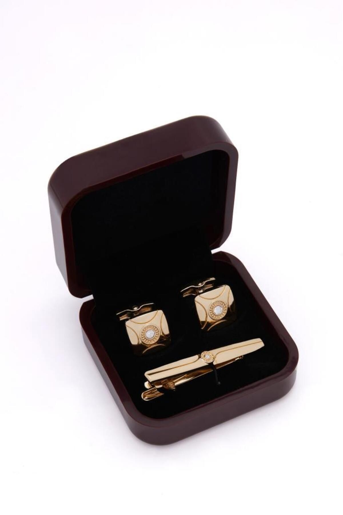 Brianze Premium Kutulu Gold Özel Tasarım Kol Düğmesi ve Kravat İğnesi Set