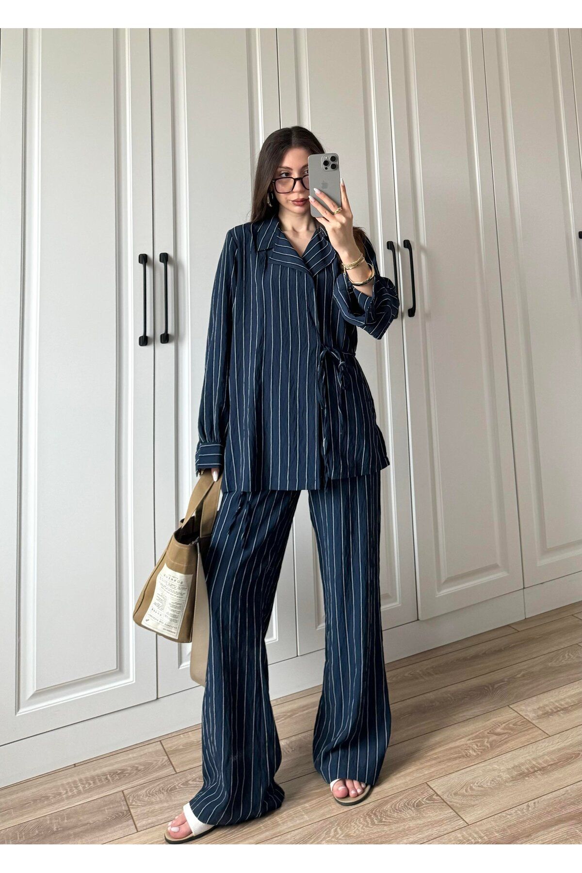 manana fashion Lacivert Çizgili Modal Kumaş Yandan Bağlamalı Kimono Pantolon İkili Takım