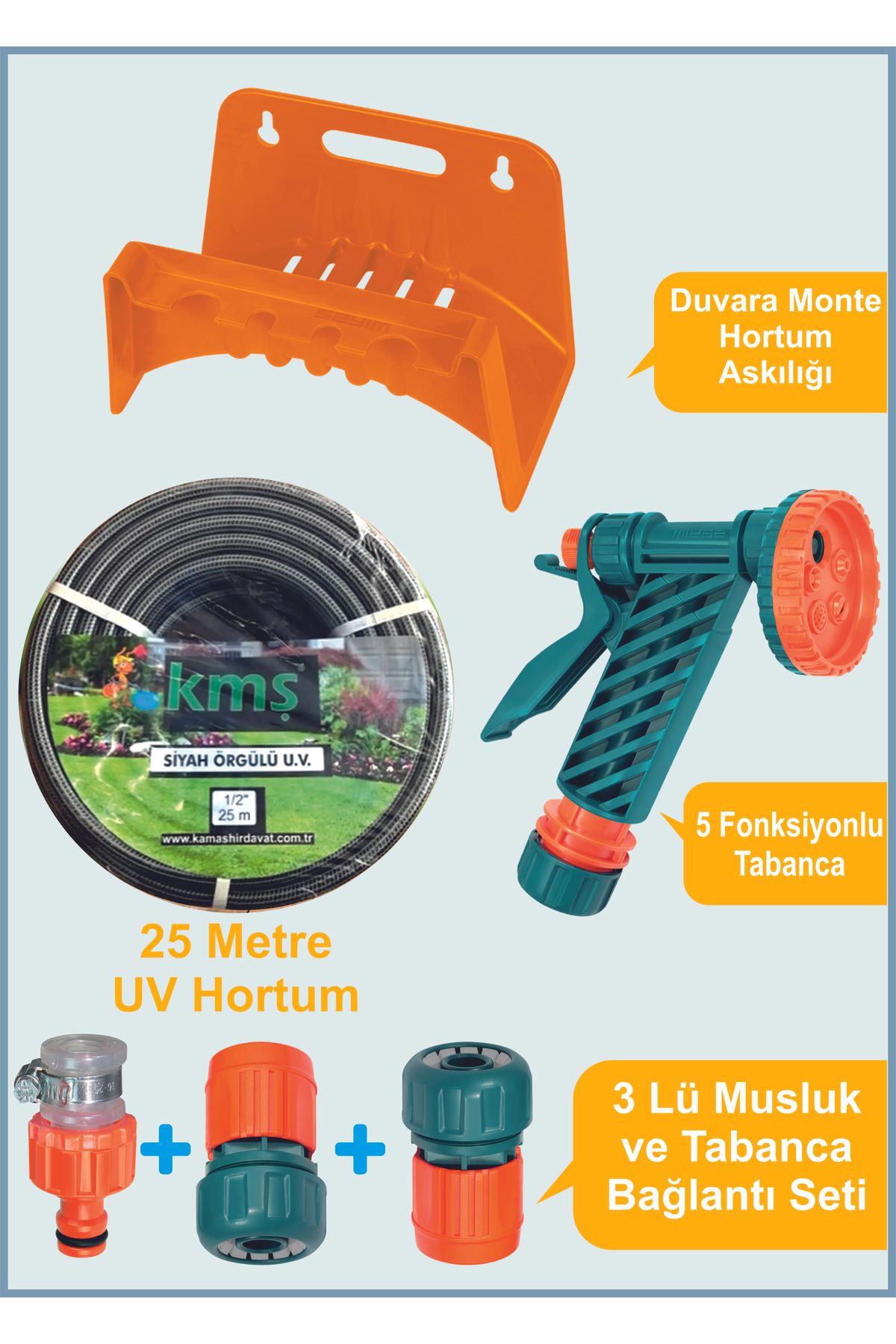 Kupatools 25 Metre UV Dayanımlı Hortum – 5 Fonksiyonlu Tabanca + Hortum Askılığı + Bağlantı Aparatları