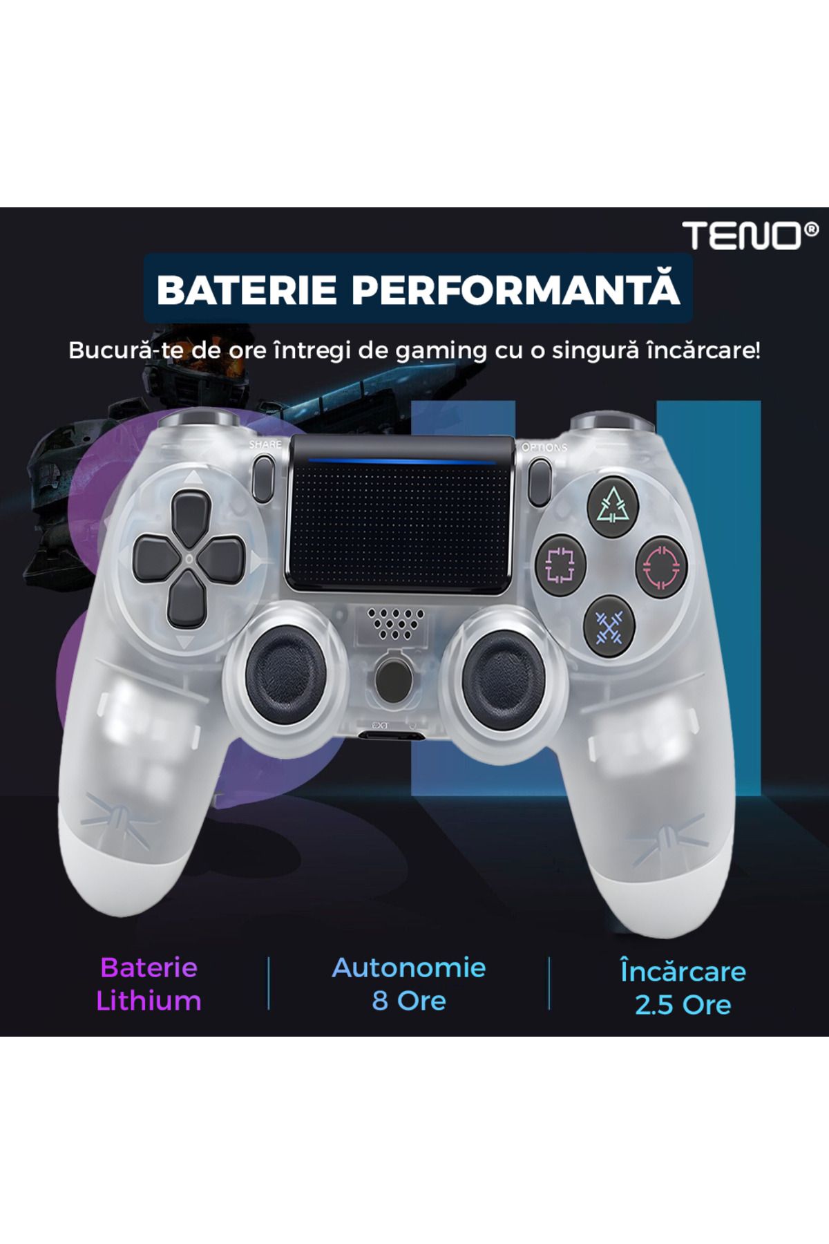 Teno-DoubleShock Teno® Wireless Controller, compatible with PS4, analog joysticks, transparent 5