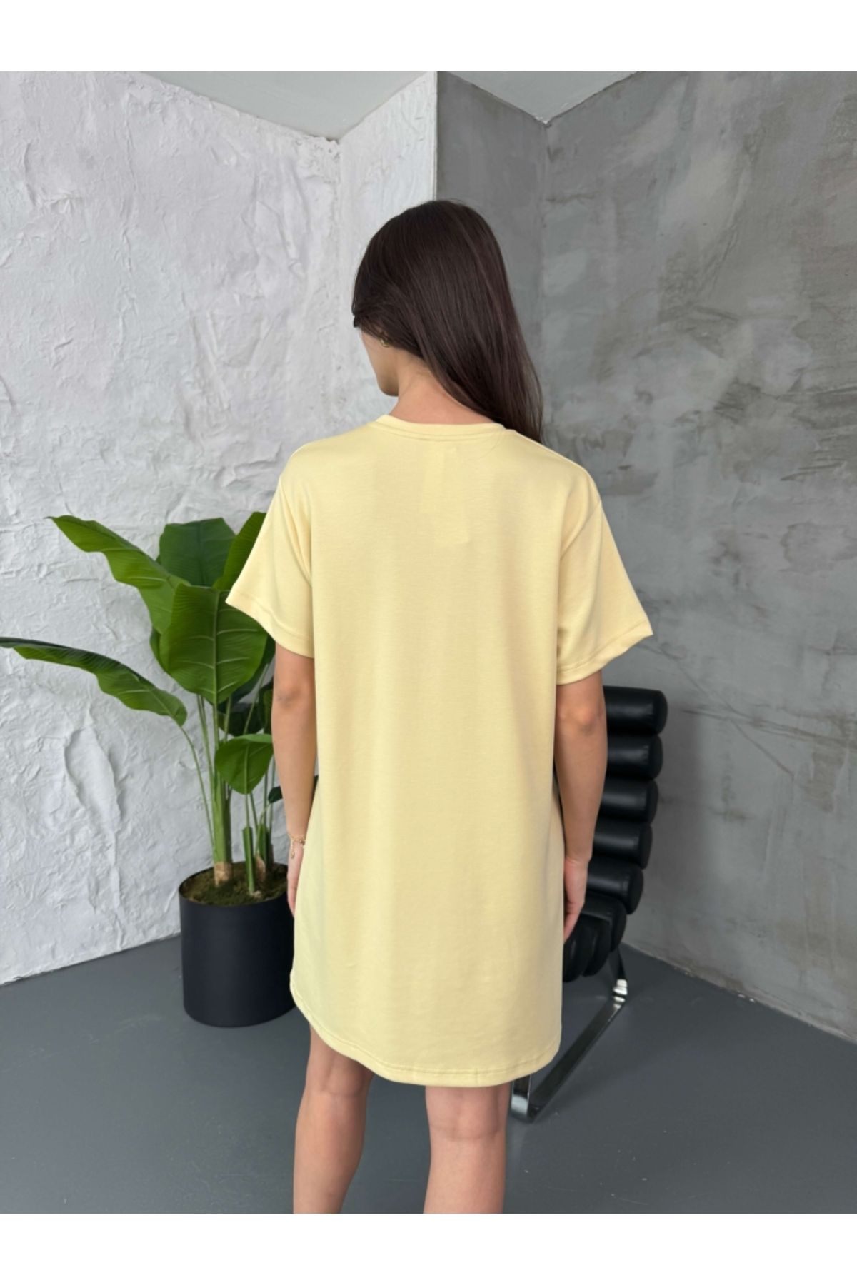 Elif Özbey Butik Sarı Kısa Kol Baskı Detay Modal Elbise - Fiyatı, Yorumları