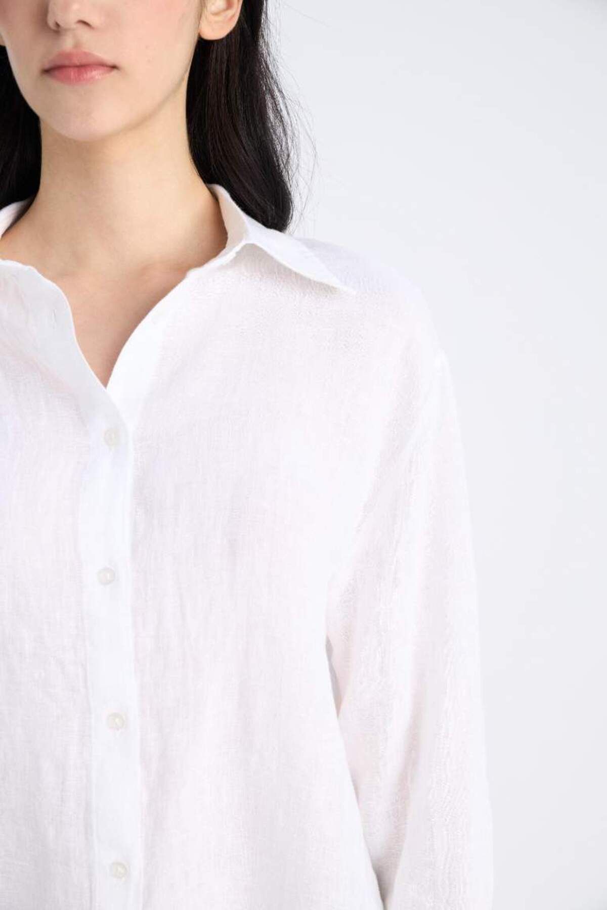 DeFacto-New Season 100% Linen Oversize Wide Fit Long Sleeve White Shirt 8
