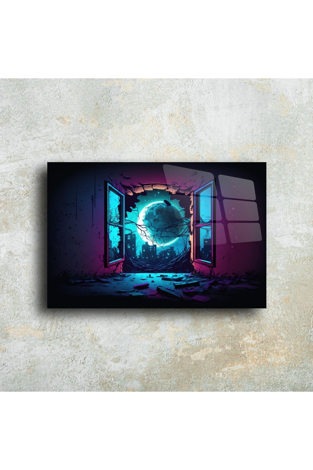 LEYLASER Neon Ay Manzaralı Fantastik Cam Tablo