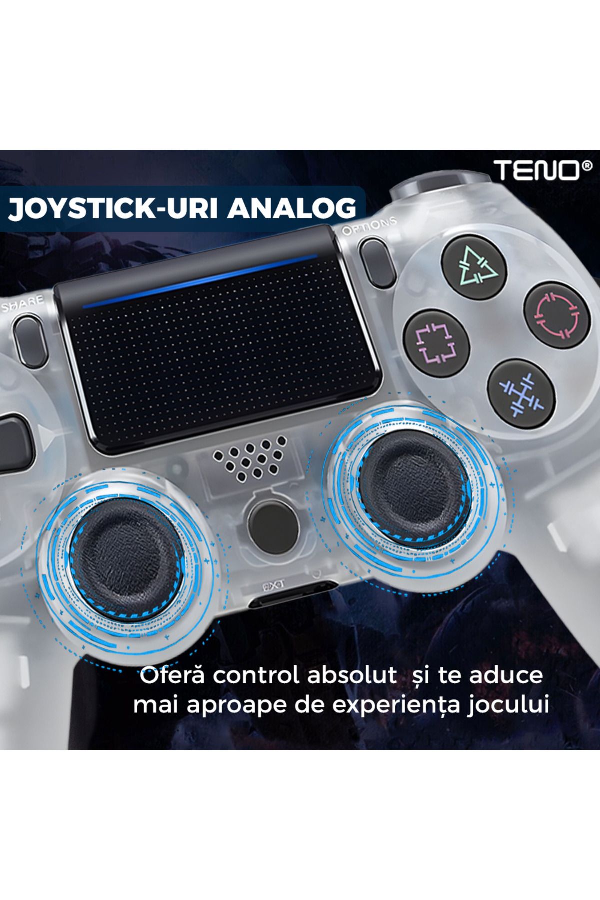 Teno-DoubleShock Teno® Wireless Controller, compatible with PS4, analog joysticks, transparent 3