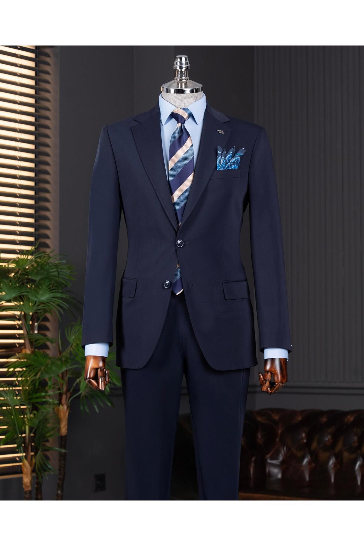 TerziAdemAltun İtalyan stil slim fit ceket pantalon takım elbise lacivert T14001