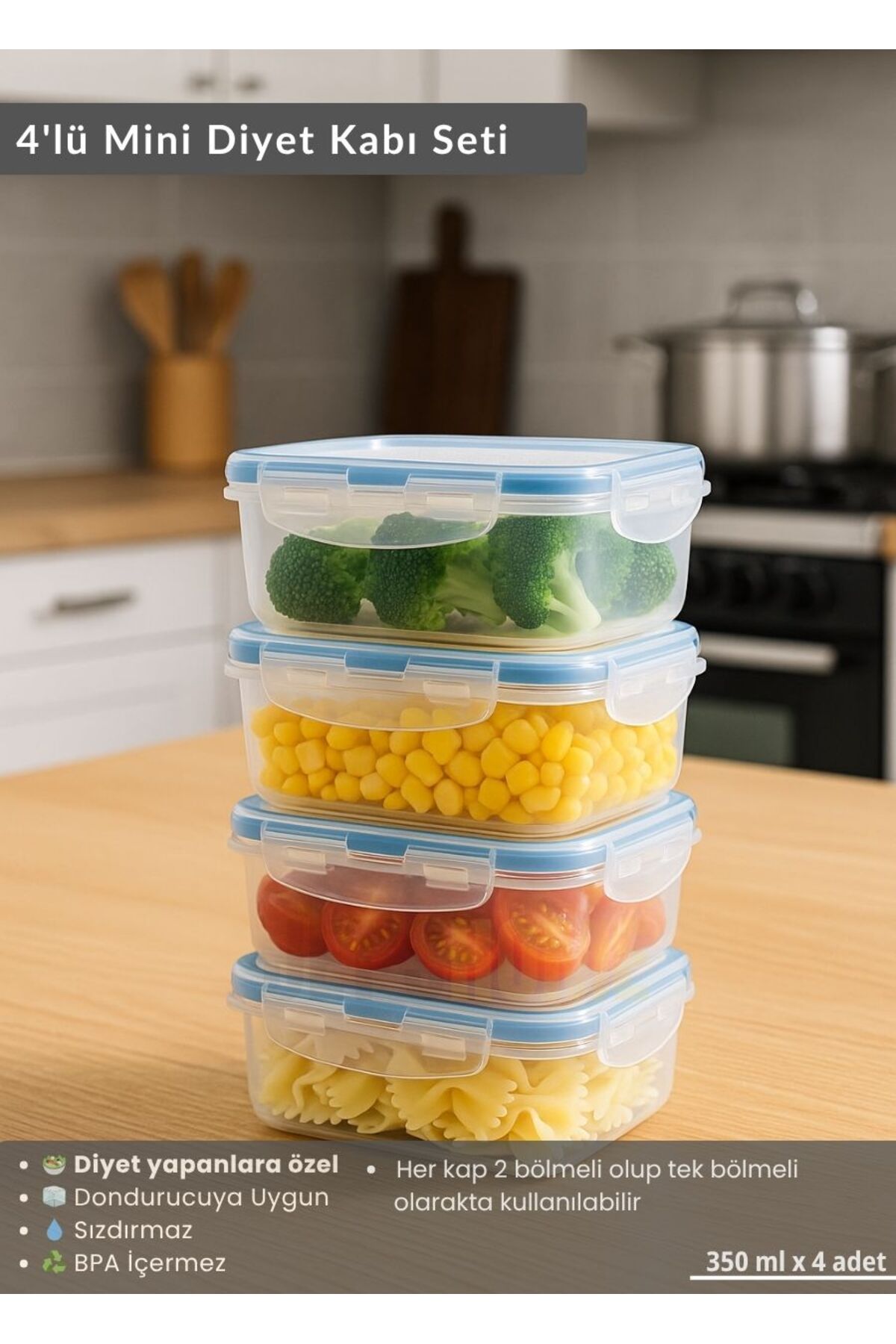 Jet's Home 4'lü Mini Diyet Kabı Seti BPA Free Hava Almaz Saklama Kabı Çıkarılabilir Bölmeli Gıda Kutusu 350 ml