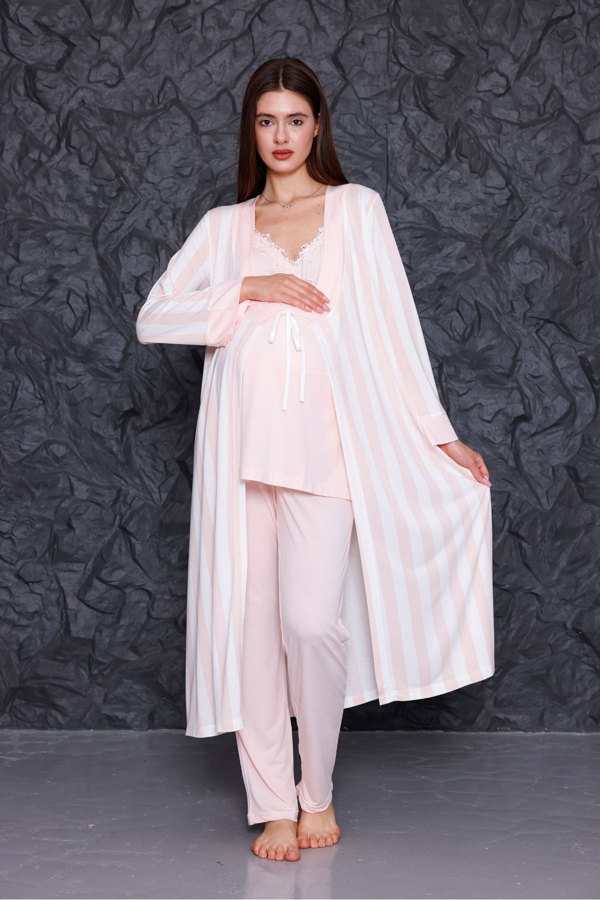 Yulem Homewear Pudra Askılı Emzirme Özellikli Lohusa Hamile Sabahlıklı 3'lü Pijama Takım Set