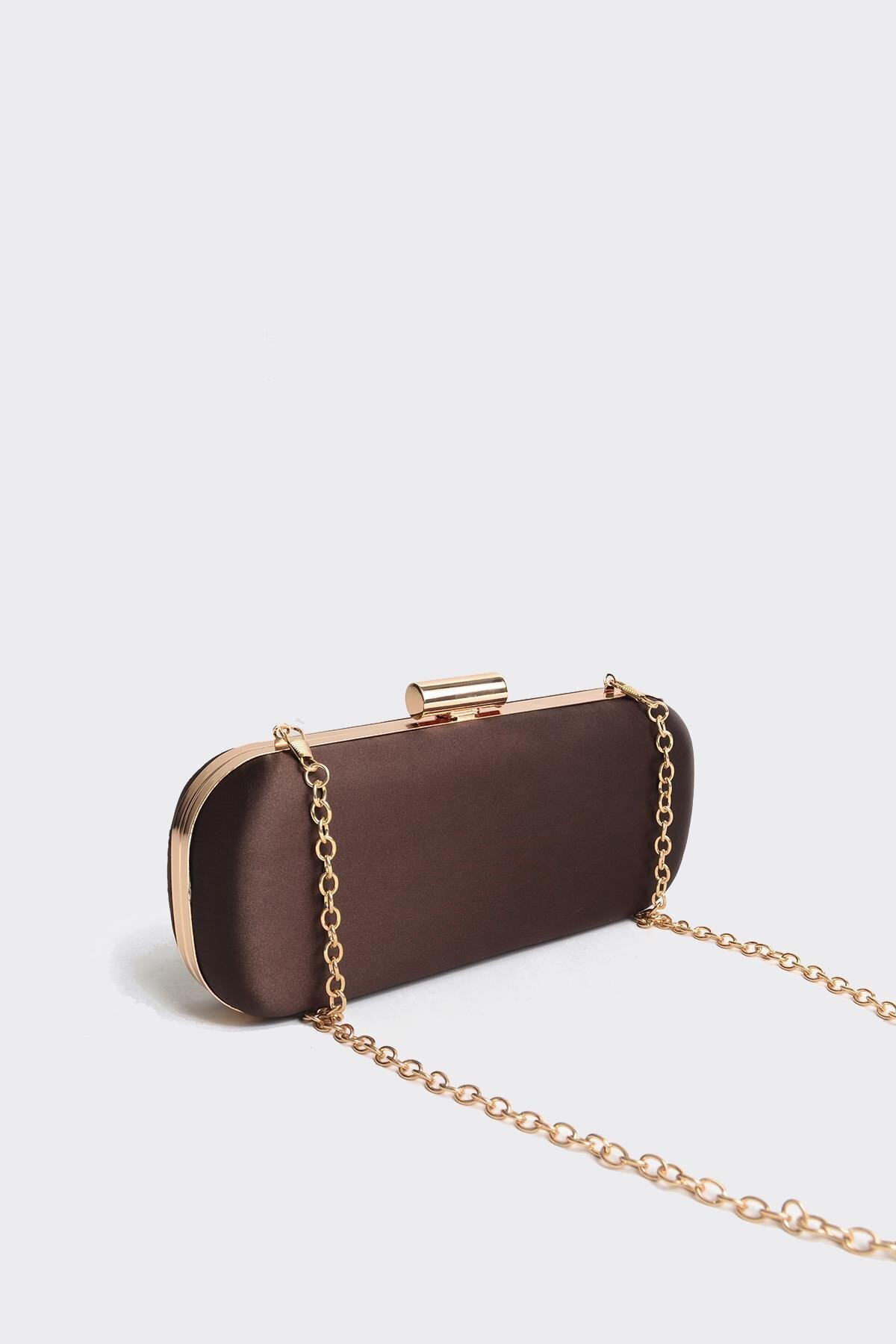 Atelier Nord Acı Kahve Saten Gold Kapaklı Zincir Askılı Clutch Abiye Çanta görsel 2