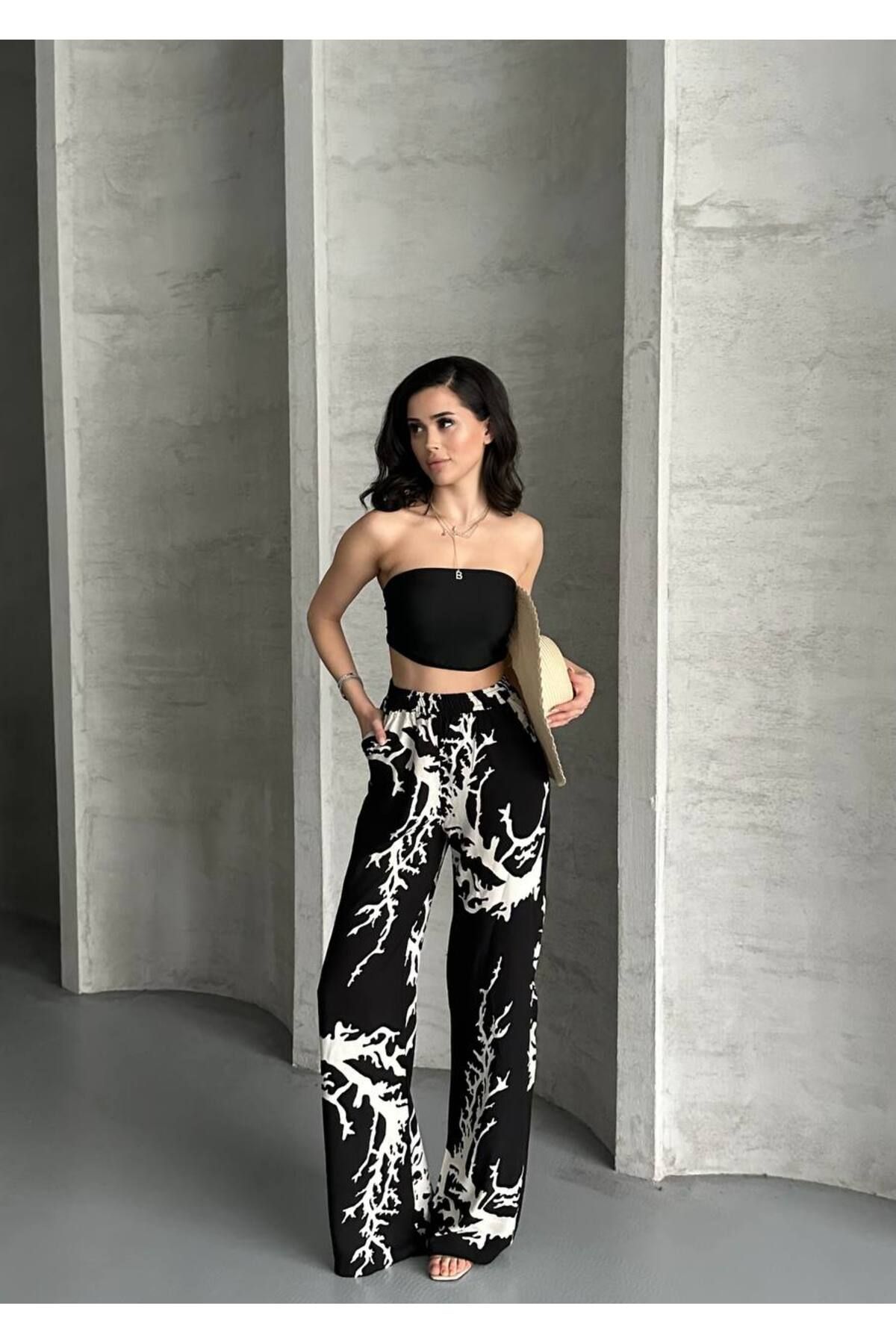 VOLT CLOTHİNG Kadın Viskon Kumaş Şal Desen Palazzo Pantolon