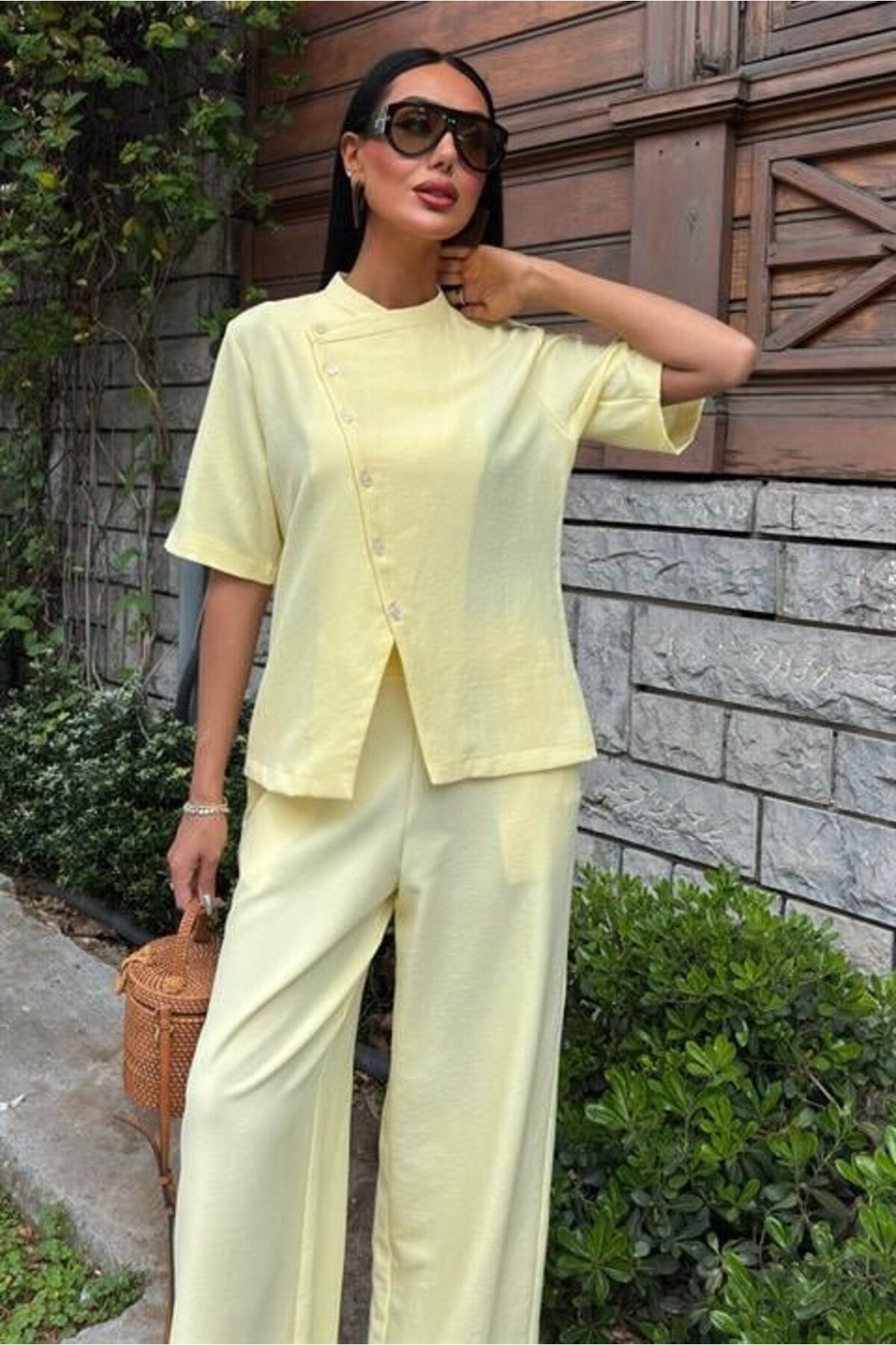 TUA MODA-Tua Moda Judge Collar Cross Button Plazzo Pants Viscon Linen Suit 10209 7