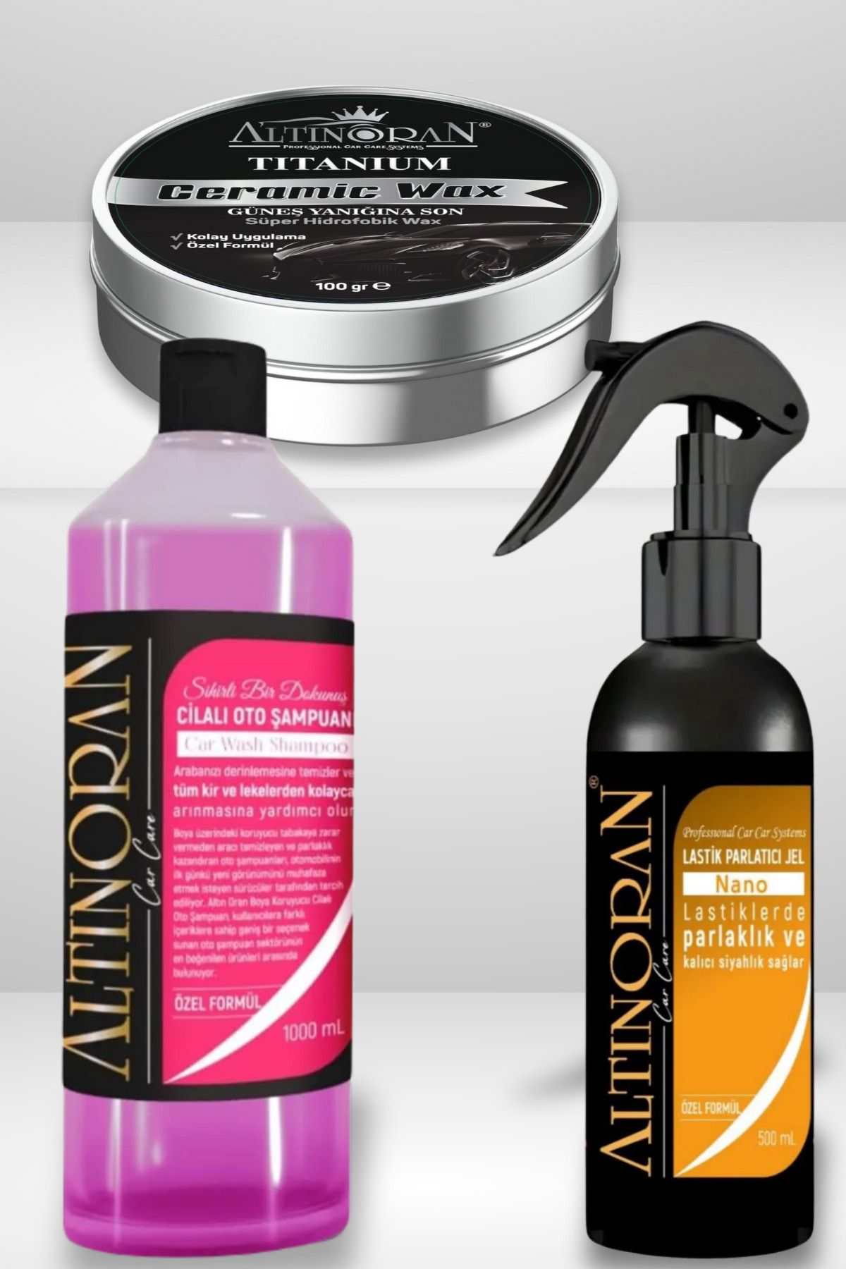 Altınoran Profesyonel Araba Bakım Seti | Oto Şampuan + Titanium Seramik Wax + Nano Lastik Parlatıcı