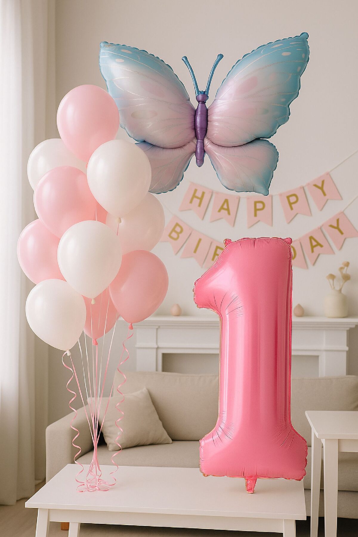 TATLI GÜNLER 1 Yaş Kız Bebek Doğum Günü Süsleme Seti Kelebek ve Rakam Folyo Balon Seti
