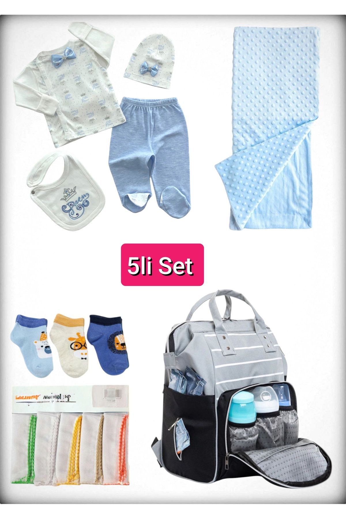 Avşar Baby 5 li Doğum Seti (Anne Bebek Çantası Hastane Çıkışı Battaniye 10 Lu Mendil Ve 3 Lü Çorap)