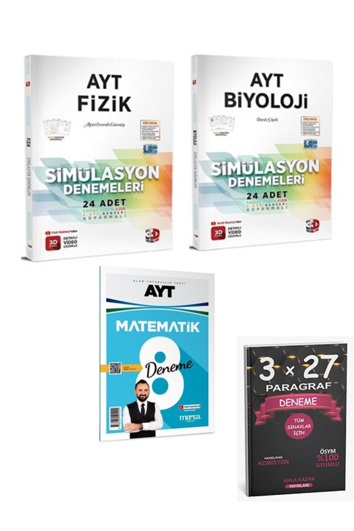 Anla Kazan Yayınları 3D Yayınları AYT Fizik+Kimya Simülasyon Denemeleri+Marka Yayınları AYT Matematik+AnlaKazan PAragraf
