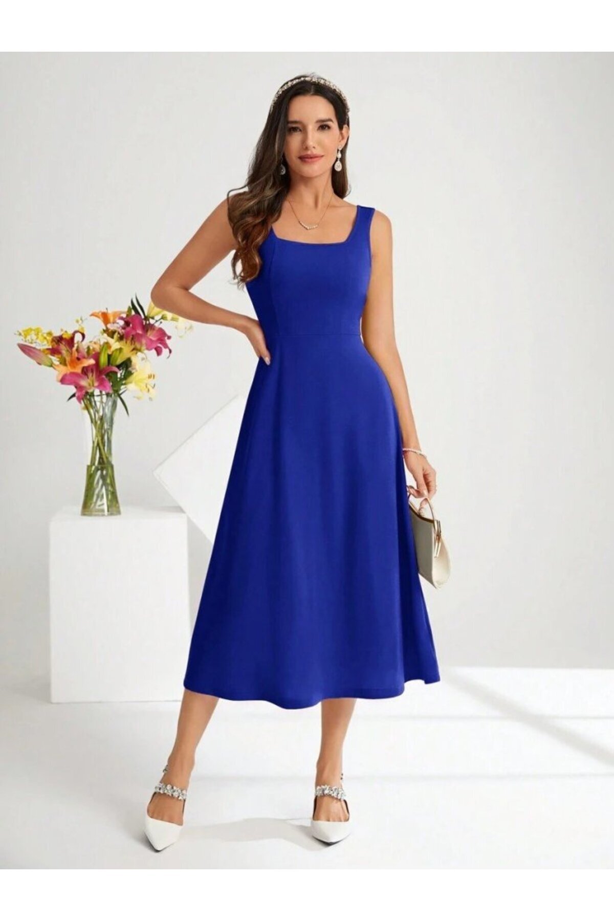 Kokosh moda-Women's Strap Square Neck Midi Imported Crepe Dress 5