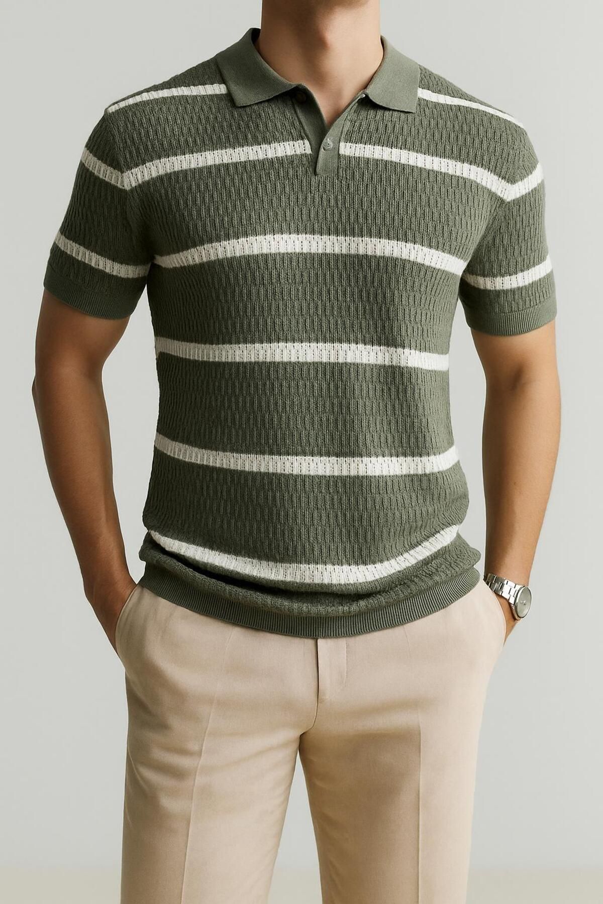 Figo Yeşil Beyaz Şeritli Polo Tshirt Erkek