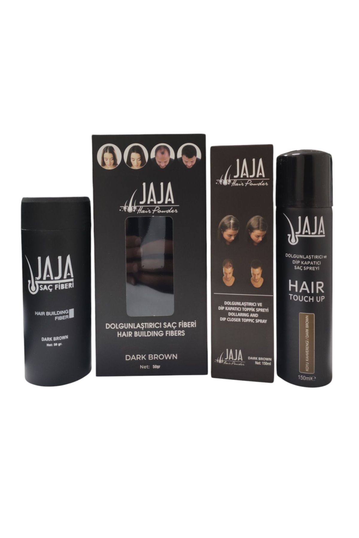 Jaja Fibers Saç Topiği Koyu Kahve 50 gr + Dolgunlaştırıcı Dip Kapatıcı Sprey Koyu Kahve 150 ml