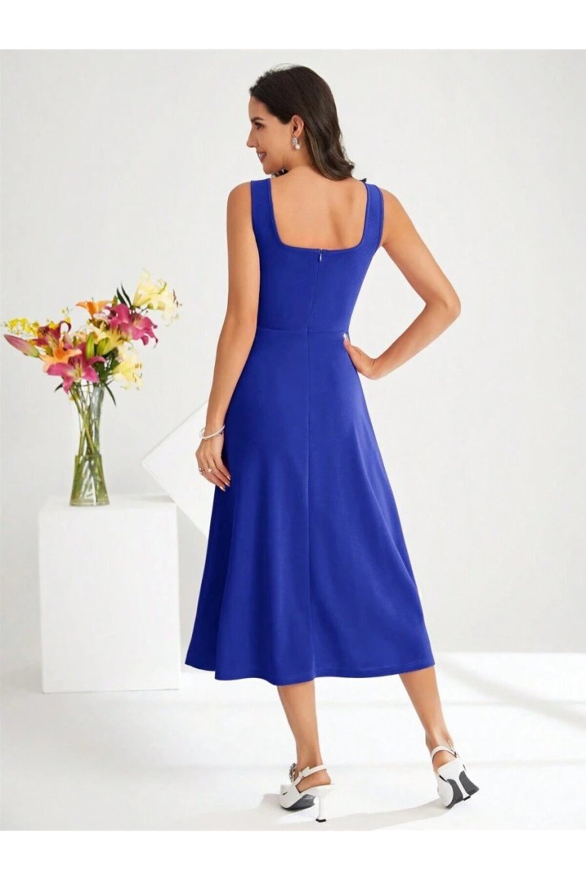 Kokosh moda-Women's Strap Square Neck Midi Imported Crepe Dress 6