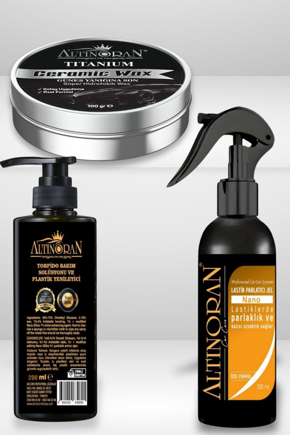 Altınoran Komple Oto Bakım Seti | Titaium Seramik Wax, Torpido Parlatıcı ve Nano Lastik Parlatıcı