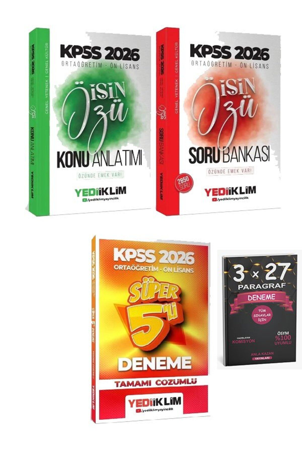 Anla Kazan Yayınları Yediiklim 2026 KPSS Lise Ortaöğretim Ön Lisans İşin Özü Konu + Soru Bankası + 5 Deneme 3 lü Set