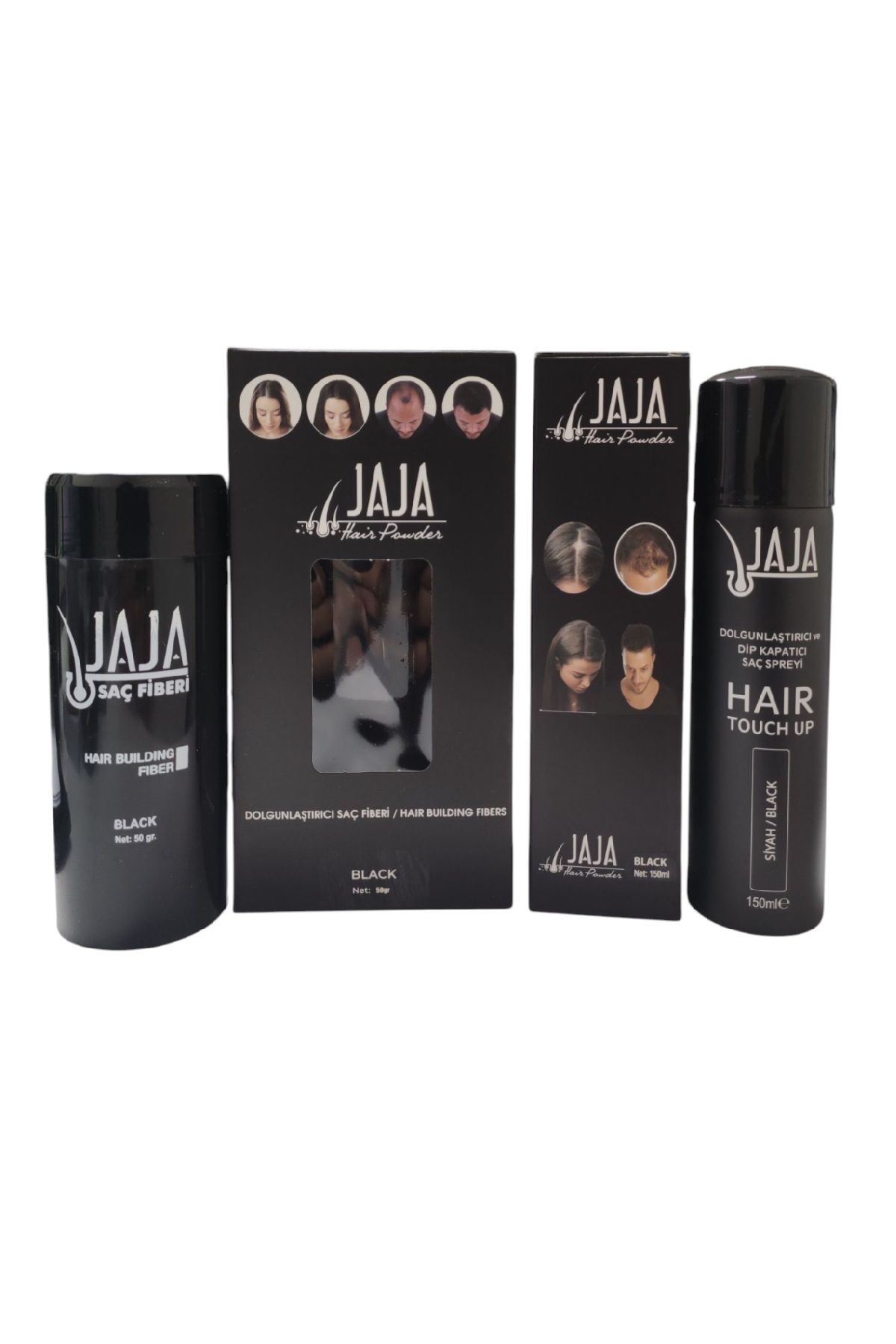 Jaja Fibers Saç Topiği Siyah 50 gr + Dolgunlaştırıcı Dip Kapatıcı Sprey Siyah 150 ml