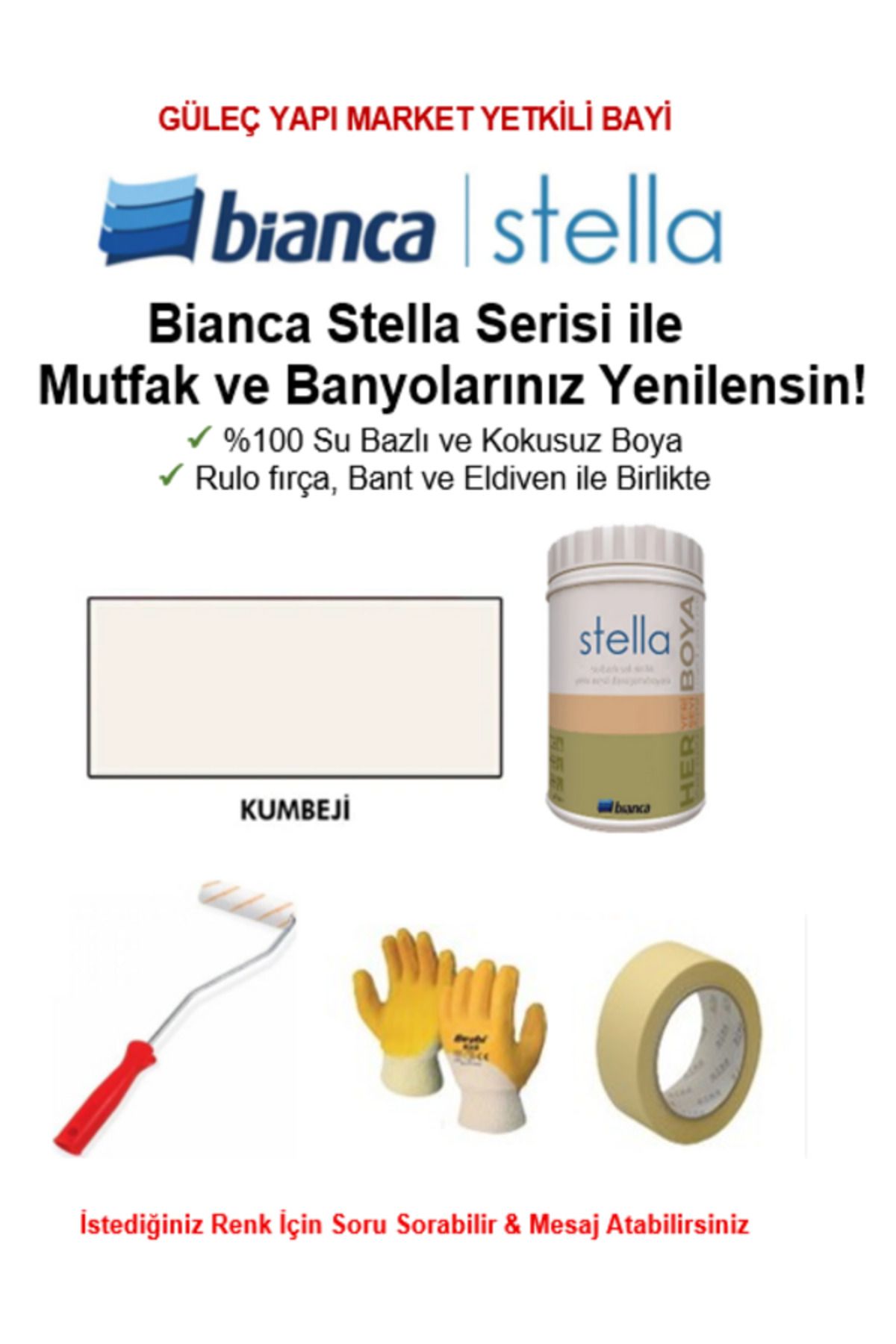 Bianca Stella Su Bazlı Saf Akrilik BOYA ( 1Lt Boya + Rulo fırça, Kağıt Bant ve Eldiven İle Birlikte)
