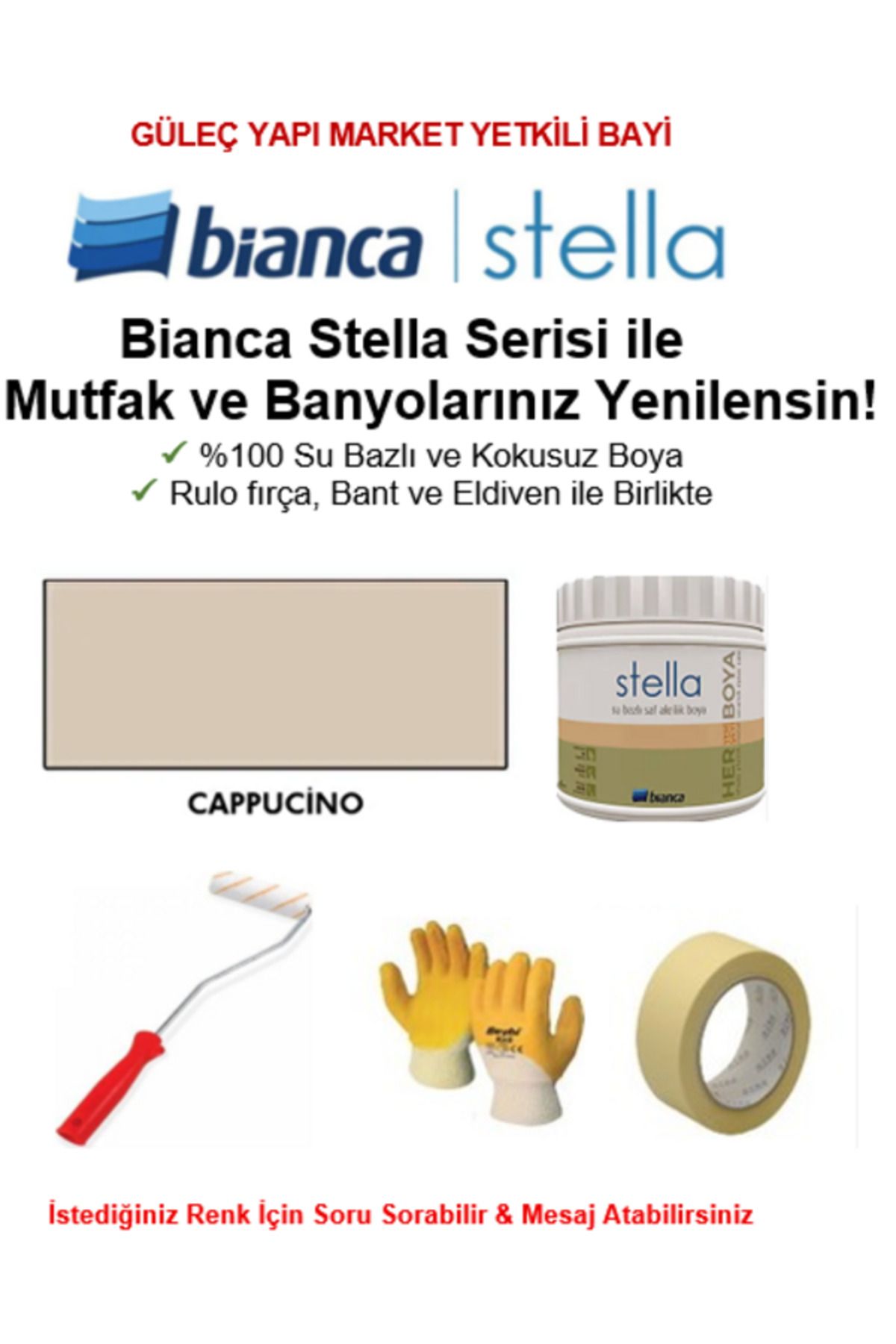 Bianca Stella Su Bazlı Saf Akrilik BOYA ( 0,5Lt Boya + Rulo fırça, Kağıt Bant ve Eldiven İle Birlikte)