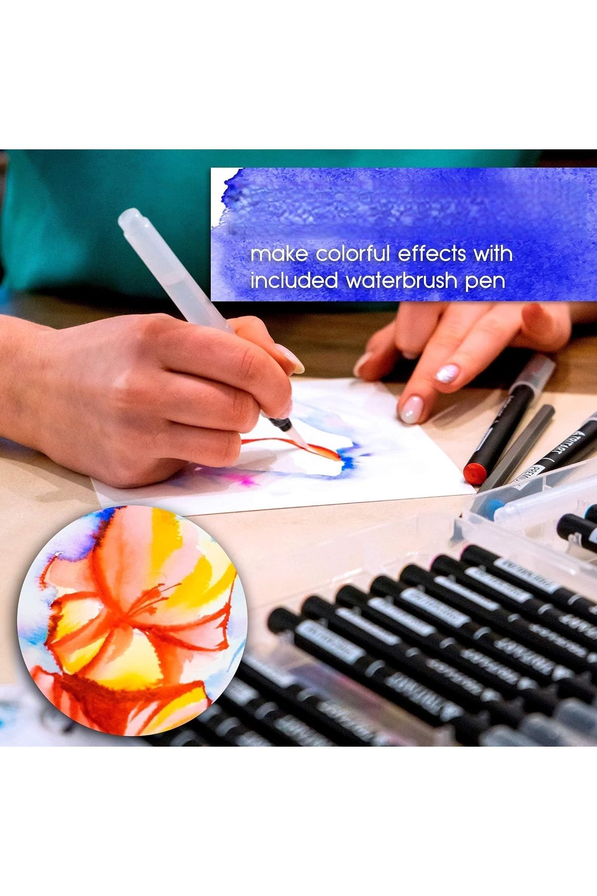 Tritart-Set of 24 markers, Brush tip, Calligraphic, 2 Brushes with water reservoir, 15 sheets, Multicolor 2