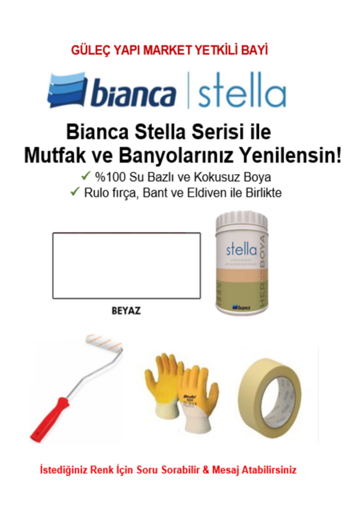 Bianca Stella Su Bazlı Saf Akrilik BOYA ( 1Lt Boya + Rulo fırça, Kağıt Bant ve Eldiven İle Birlikte)