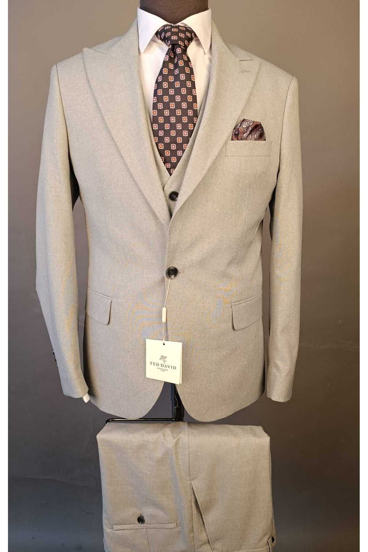 Ted Davıd Gri Yelekli Slim Fit Takım Elbise