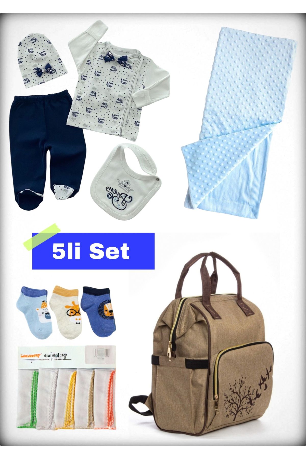 Avşar Baby 5 li Doğum Seti (Anne Bebek Çantası Hastane Çıkışı Battaniye 10 Lu Mendil Ve 3 Lü Çorap)