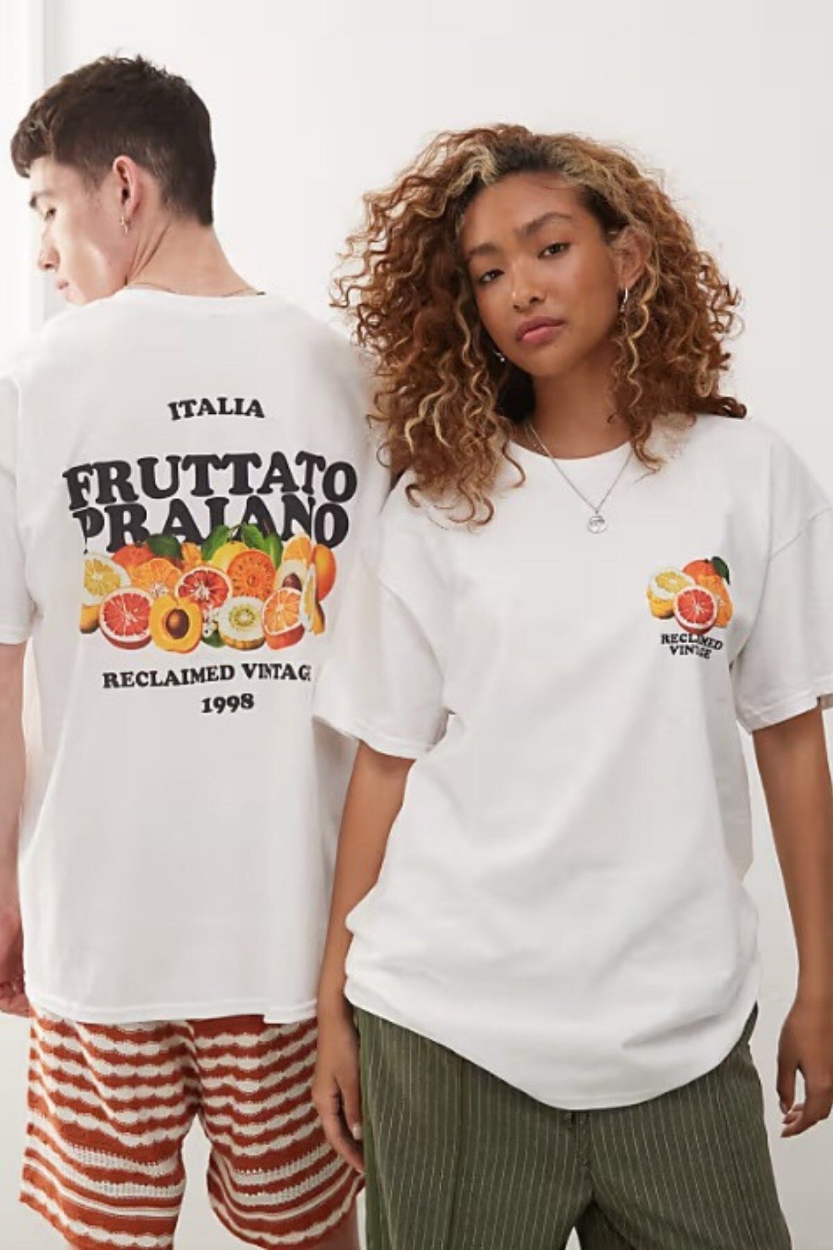 GIA - ART Unisex %100 Pamuk Oversize Fruttato Praiano Meyve Baskılı Beyaz Tişört Yazlık Vintage Stil
