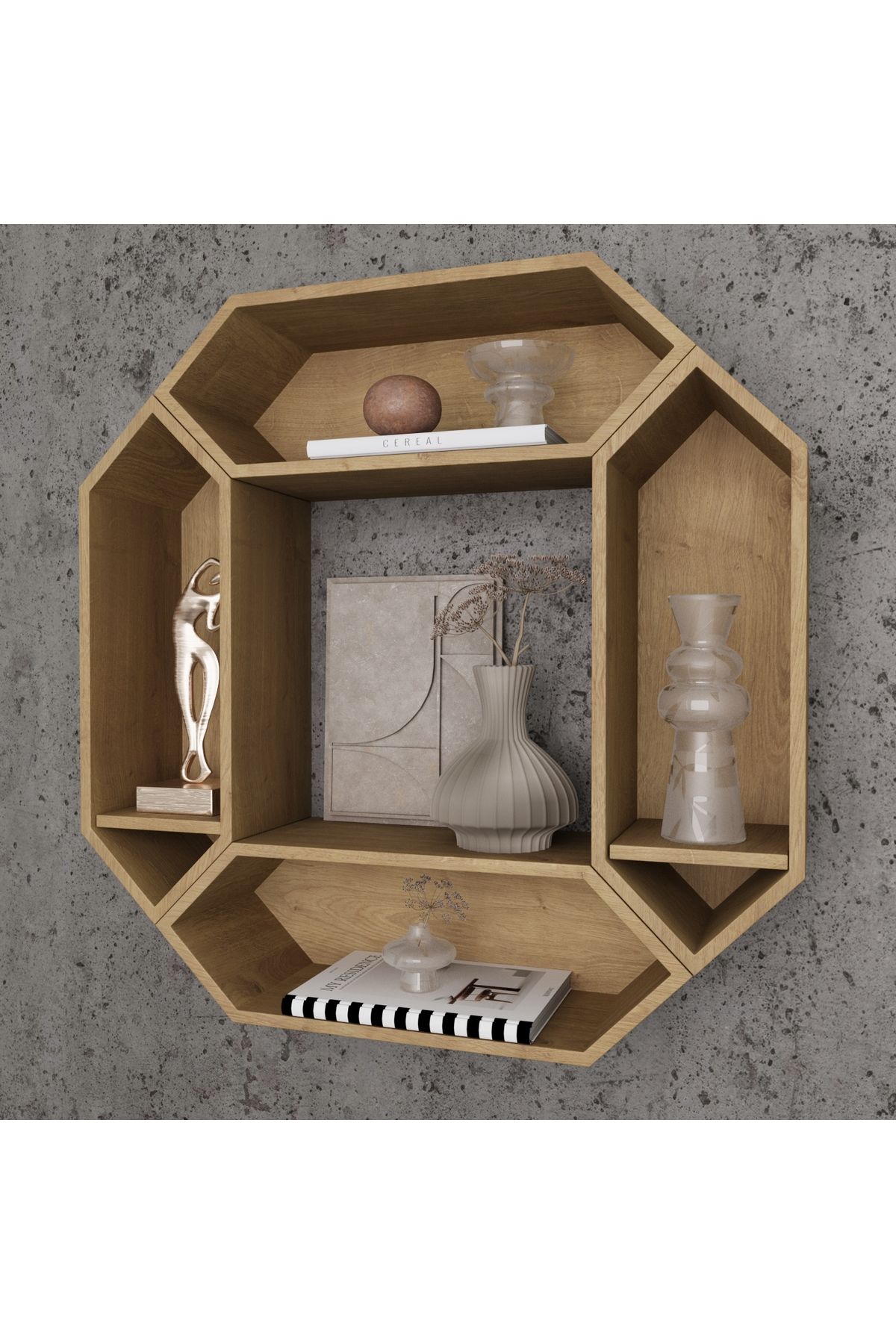 Greenish Home Ahşap 4'lü Altıgen Raf - Tanatone Brown