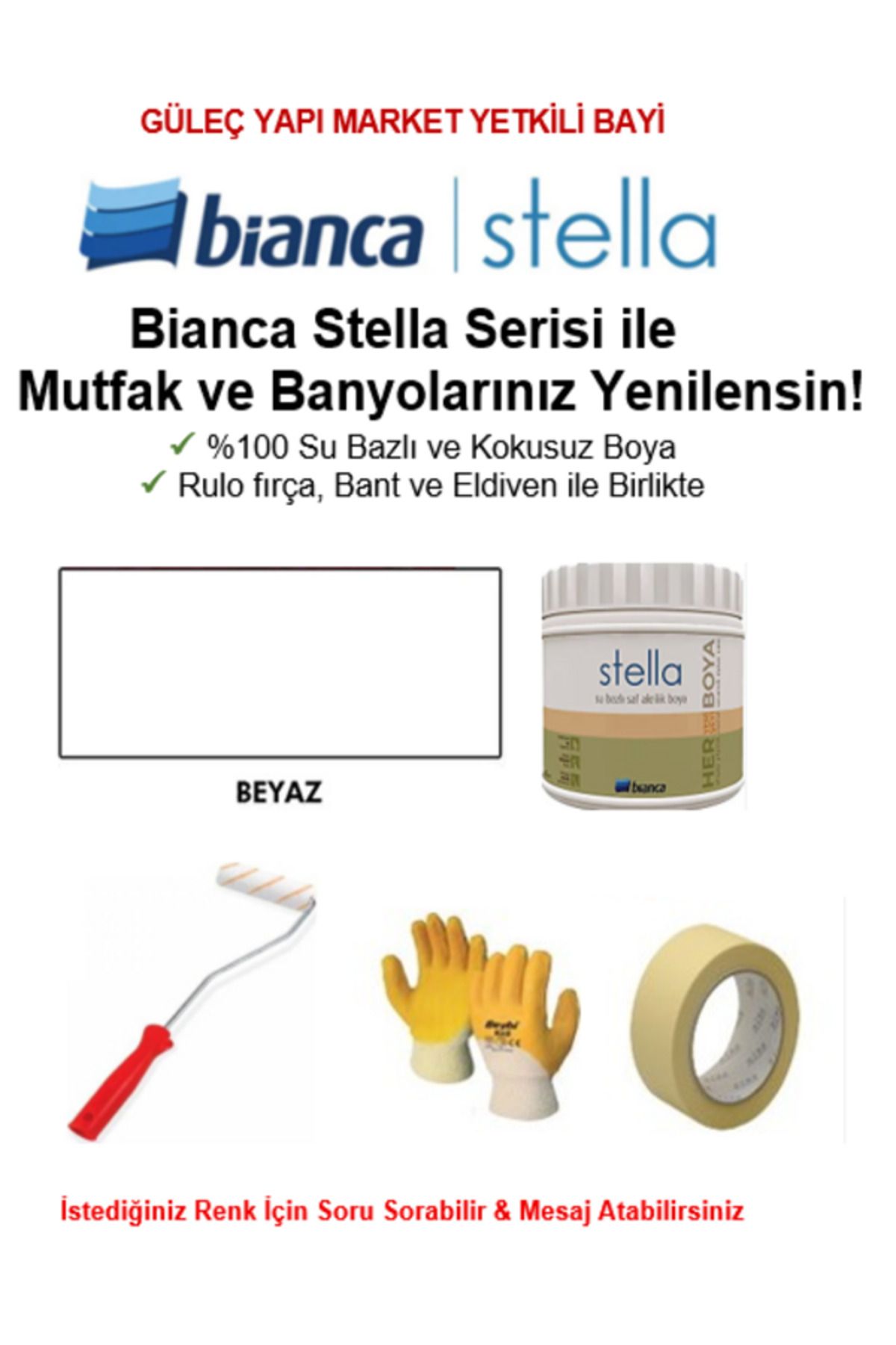Bianca Stella Su Bazlı Saf Akrilik BOYA ( 0,5Lt Boya + Rulo fırça, Kağıt Bant ve Eldiven İle Birlikte)