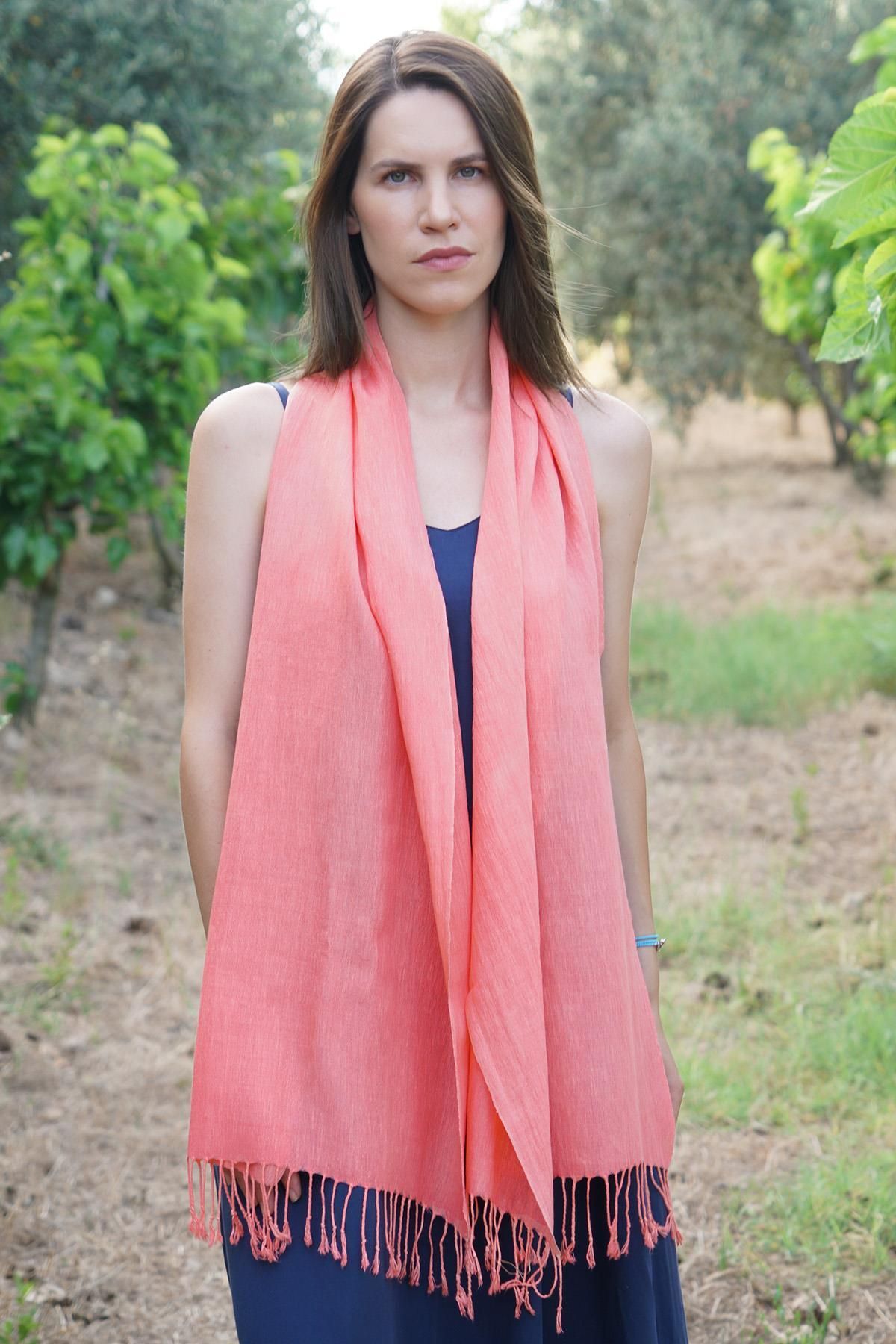 Defne&Apollon İpekçilik %100 Barış İpeği El Dokuması Fular 45 x 200 cm -Somon-Pembe