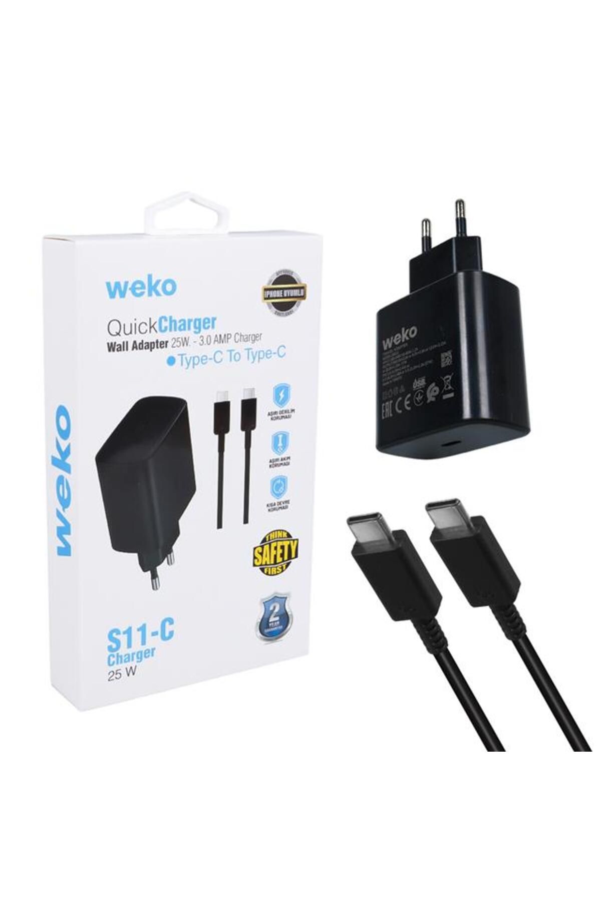 TimeStart - Wk-26523 S11-C 25 Watt Siyah Şarj Başlık Adaptörü + Eğitici pe-C To Eğitici pe-C Kablo