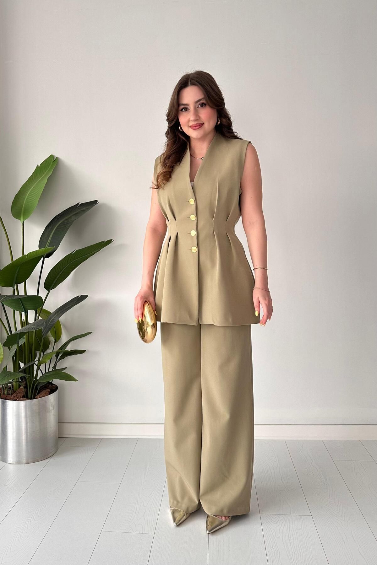 MaziButik Kuplu Yelek Takım Çağla Yeşili