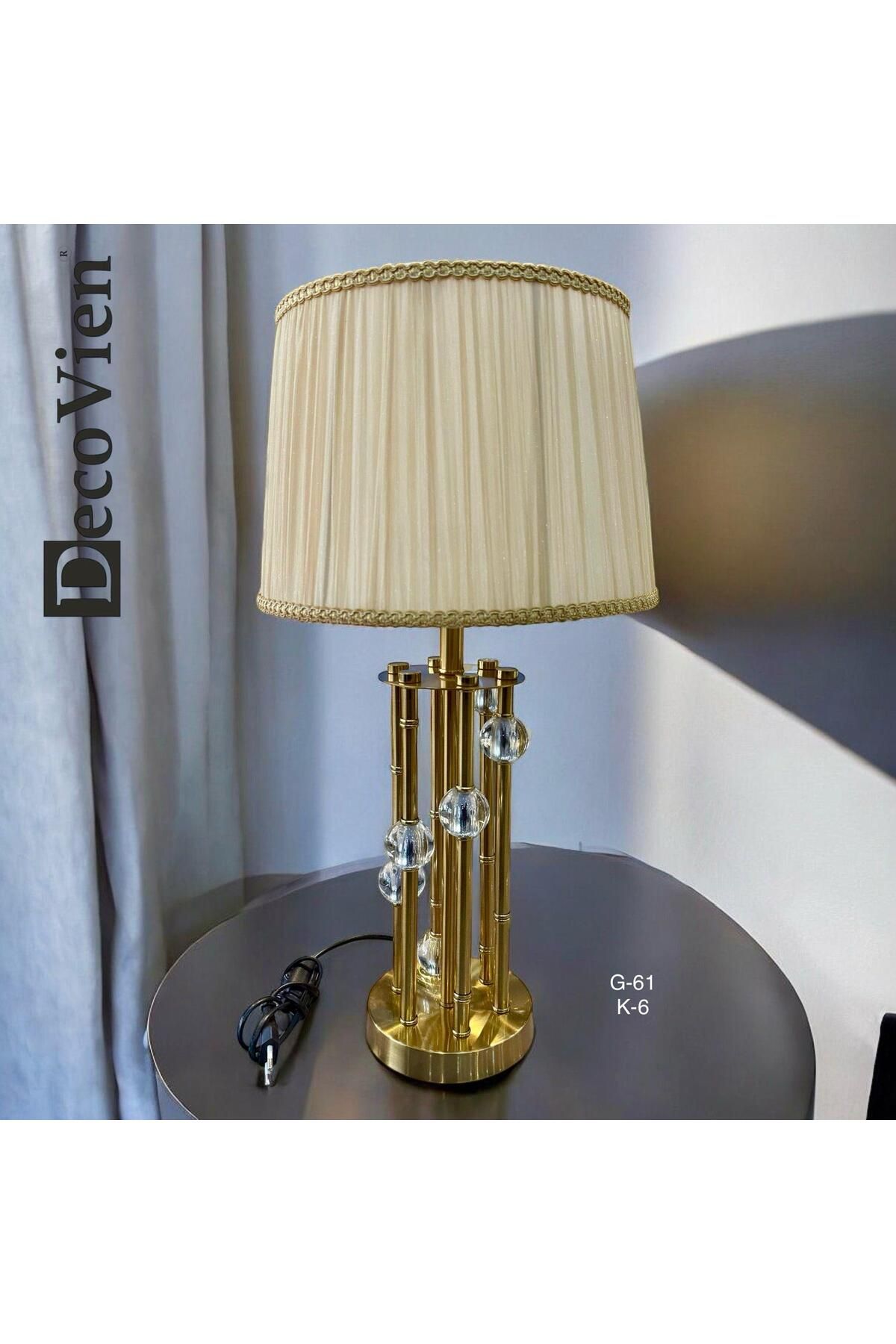 decovien Lüks Taşlı Çubuklu Gold Beyaz Şapkalı Abajur