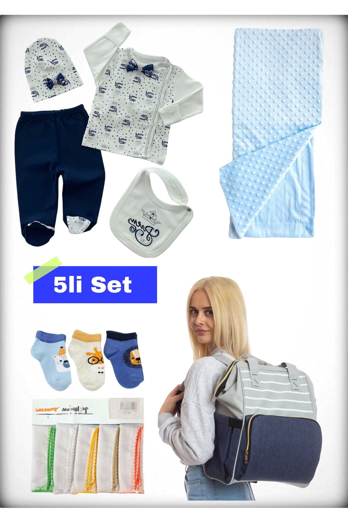 Avşar Baby 5 li Doğum Seti (Anne Bebek Çantası Hastane Çıkışı Battaniye 10 Lu Mendil Ve 3 Lü Çorap)