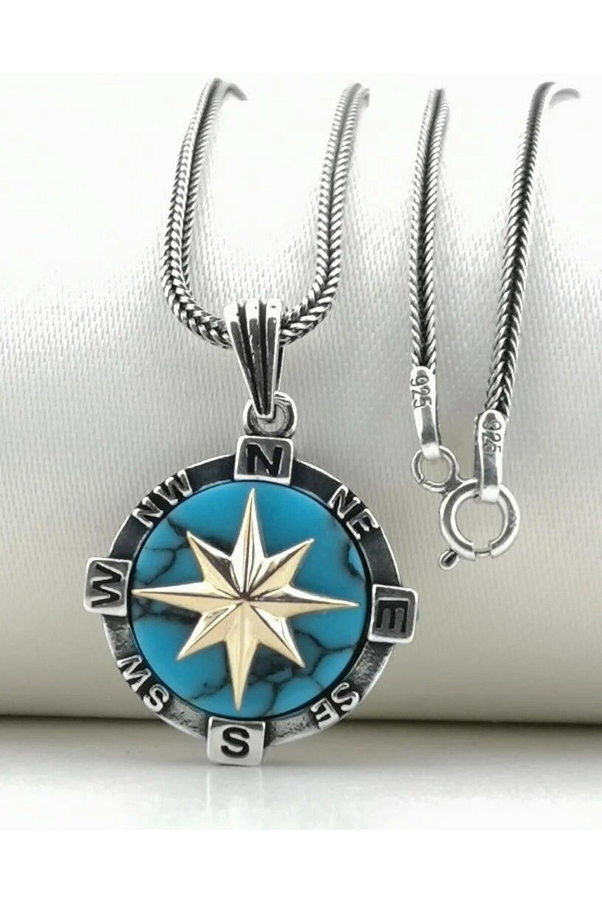shop Firuze Taşlı Pusula 925 Ayar Gümüş Erkek Kolye
