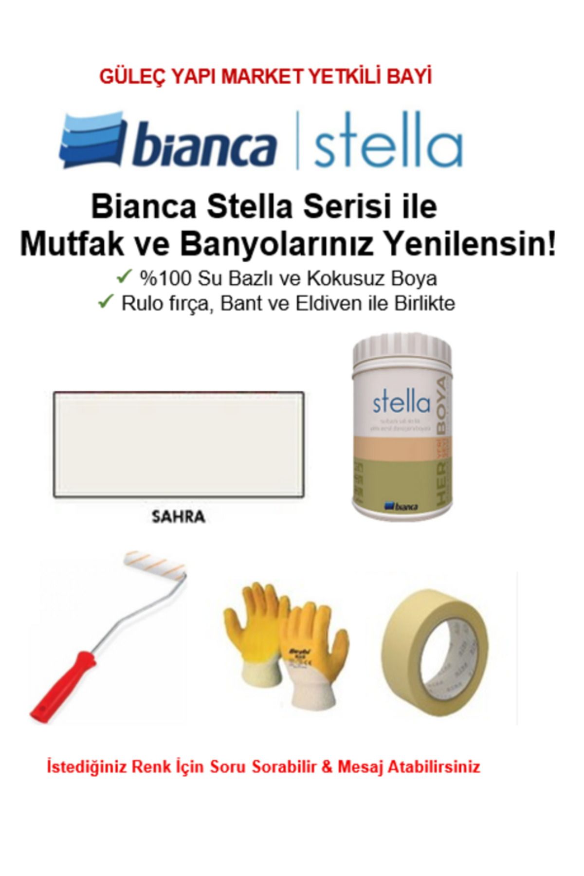 Bianca Stella Su Bazlı Saf Akrilik BOYA ( 1Lt Boya + Rulo fırça, Kağıt Bant ve Eldiven İle Birlikte)