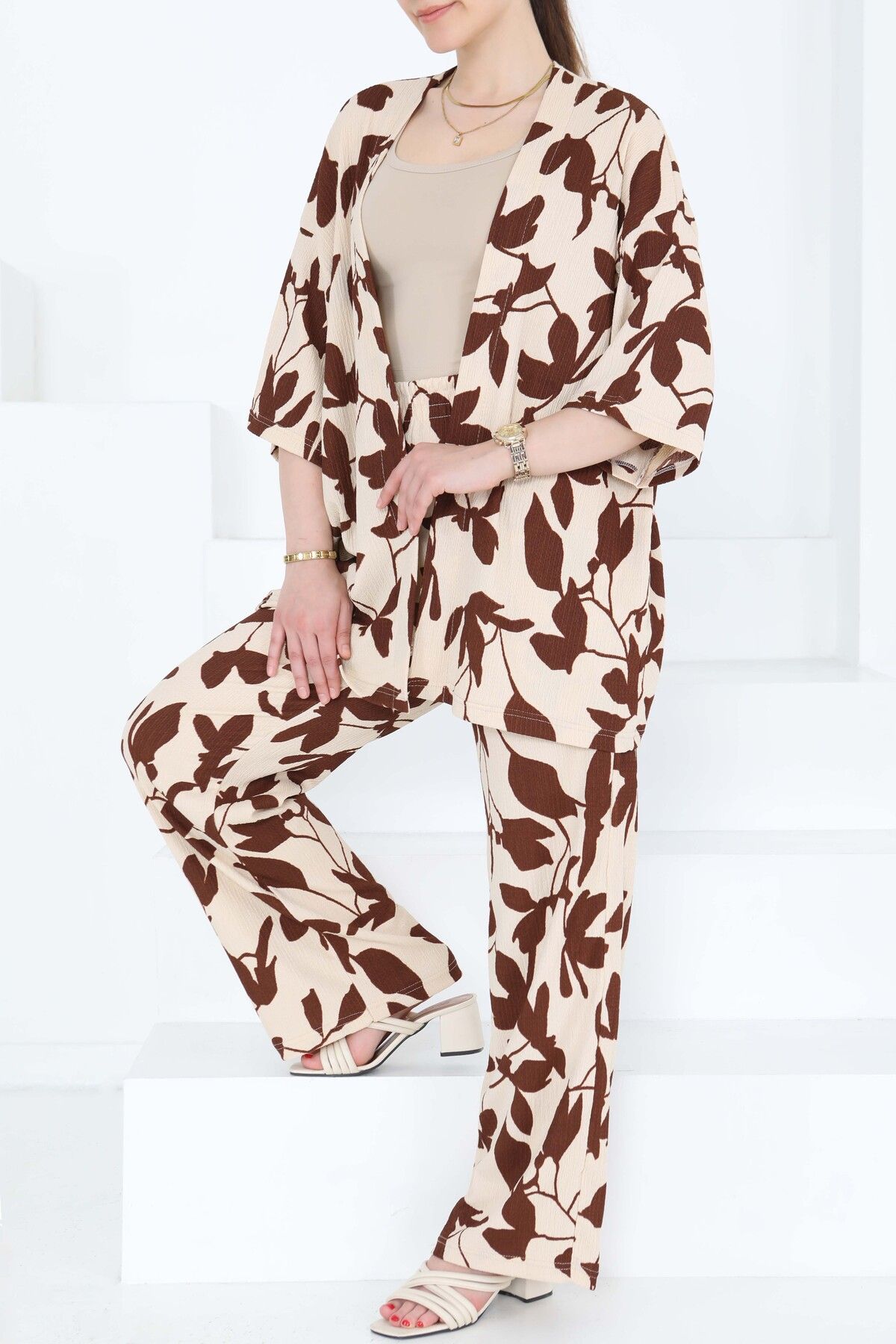 TOFİSA Desenli Kimono Takım Kahve - 27285